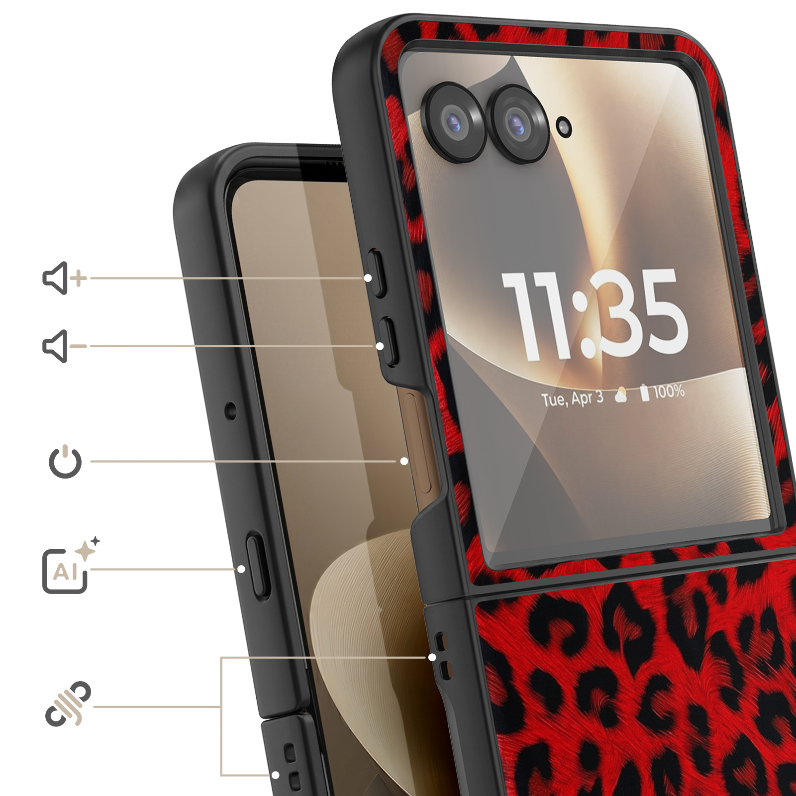 Rote Hülle mit Leopardenmuster für ein faltbares Telefon mit Kameras und Uhrzeit.