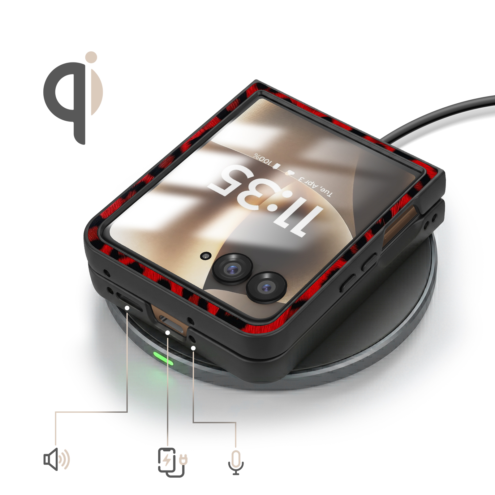 Ein faltbares Smartphone mit rotem Muster wird kabellos geladen.