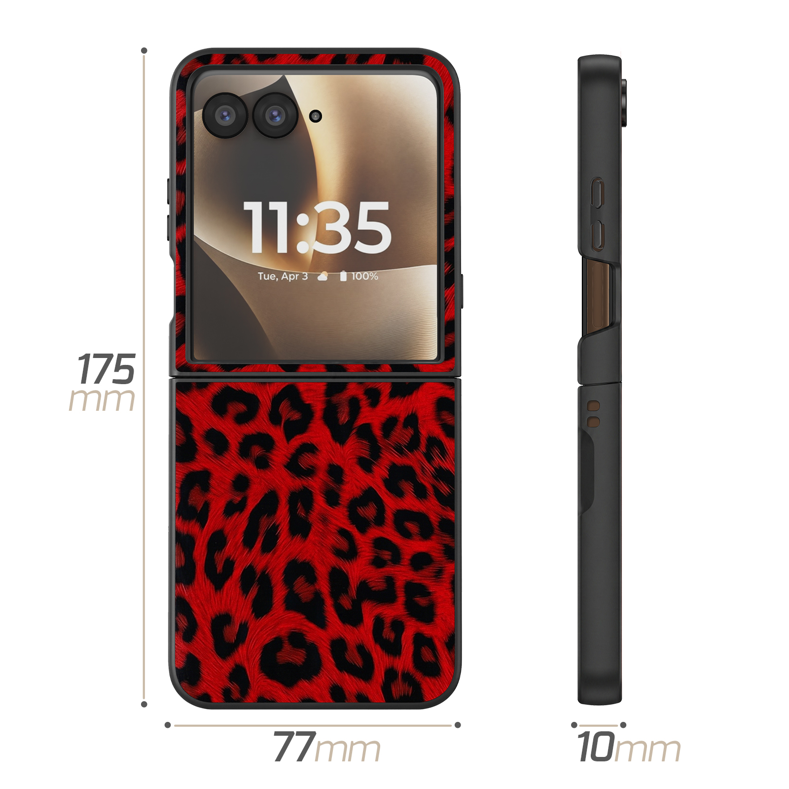 Ein faltbares Smartphone mit Leopardenmuster und roten Akzenten. Maße 175x77x10mm.