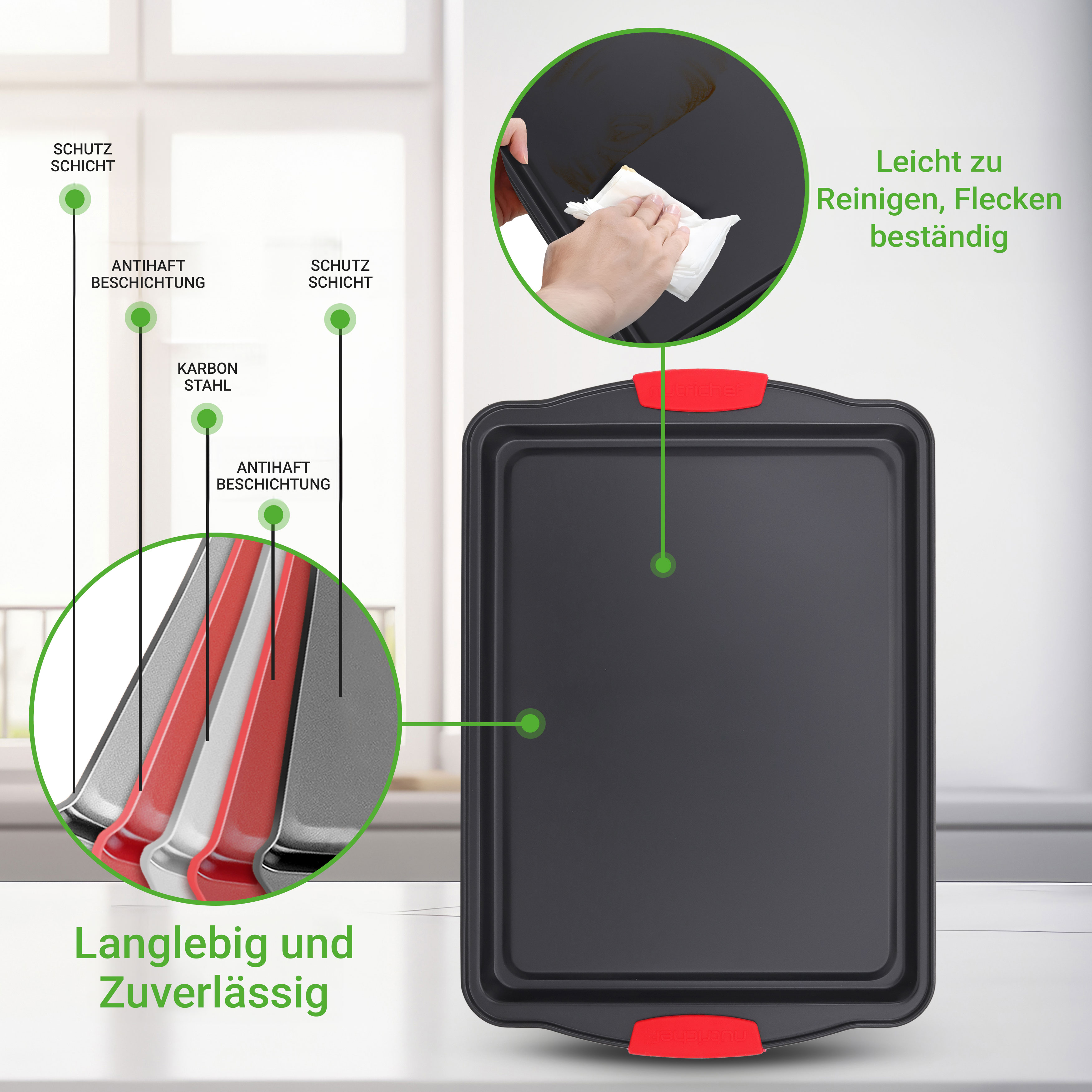 Eine Backform mit roten Griffen, die Schichten zeigt. Sie ist leicht zu reinigen.