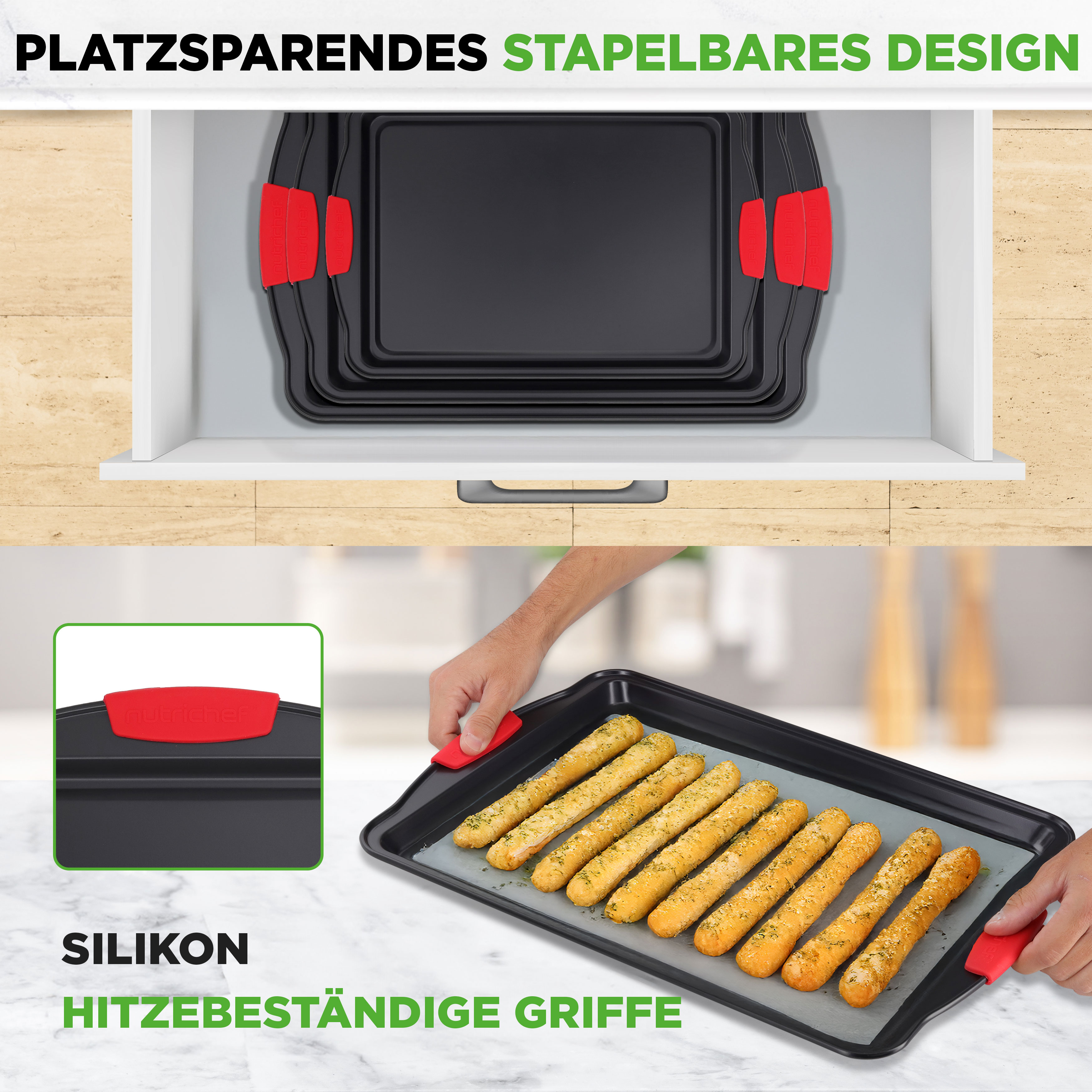 Gestapelte Backbleche in einer Schublade und ein Mann, der ein Blech mit Brotstangen hält.