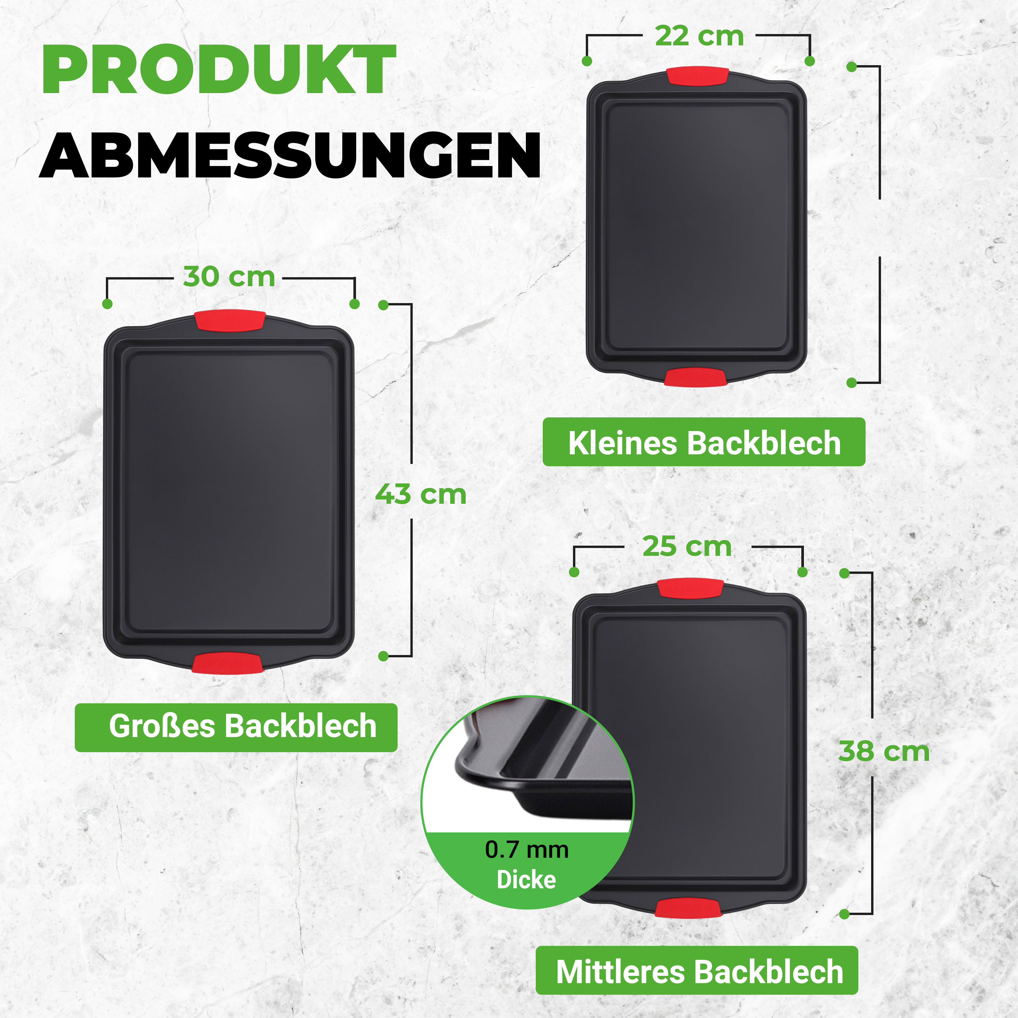 Drei schwarze Backbleche mit roten Griffen und Maßen. Dicke 0.7 mm.