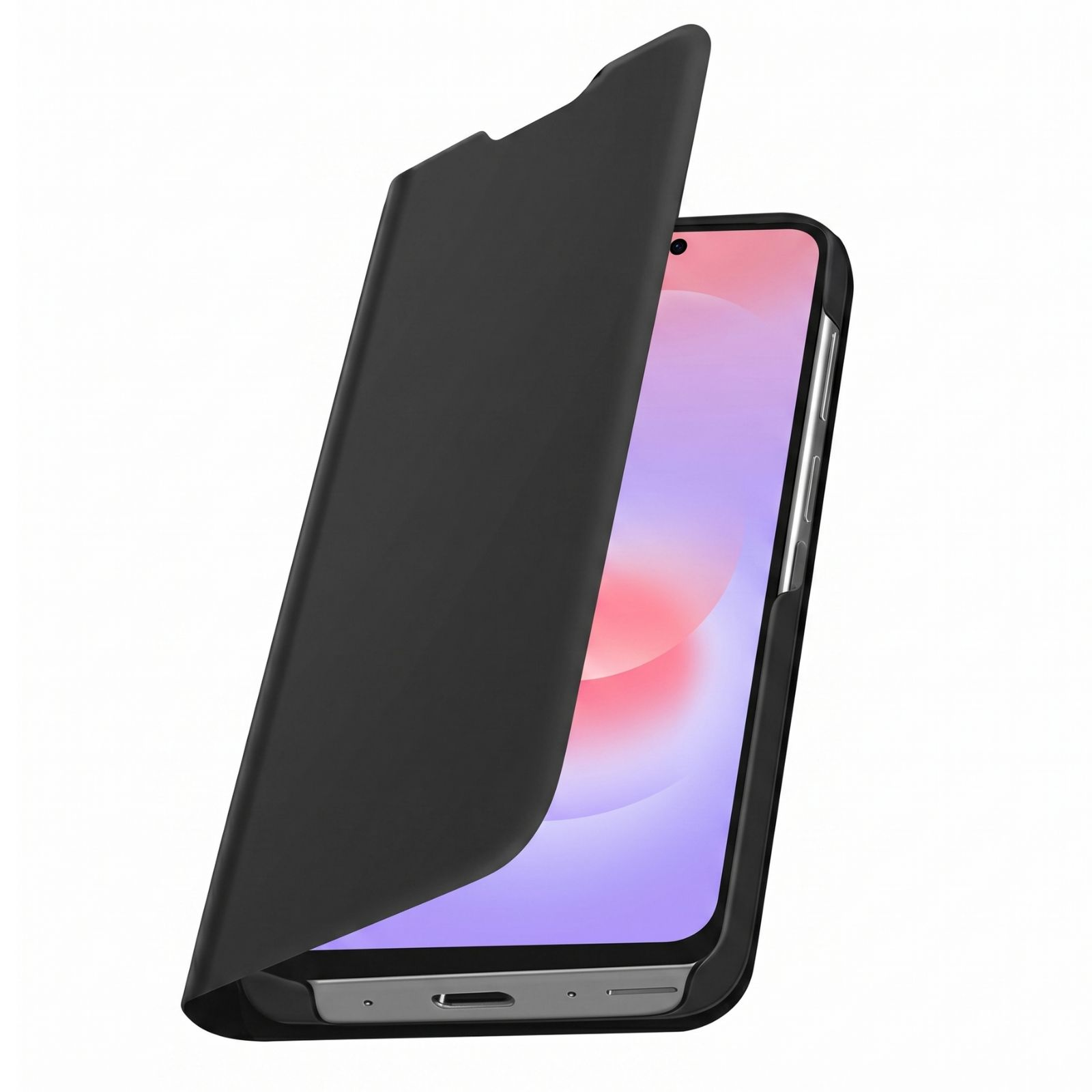 Uno smartphone nero con cover aperta, mostrato su sfondo bianco.