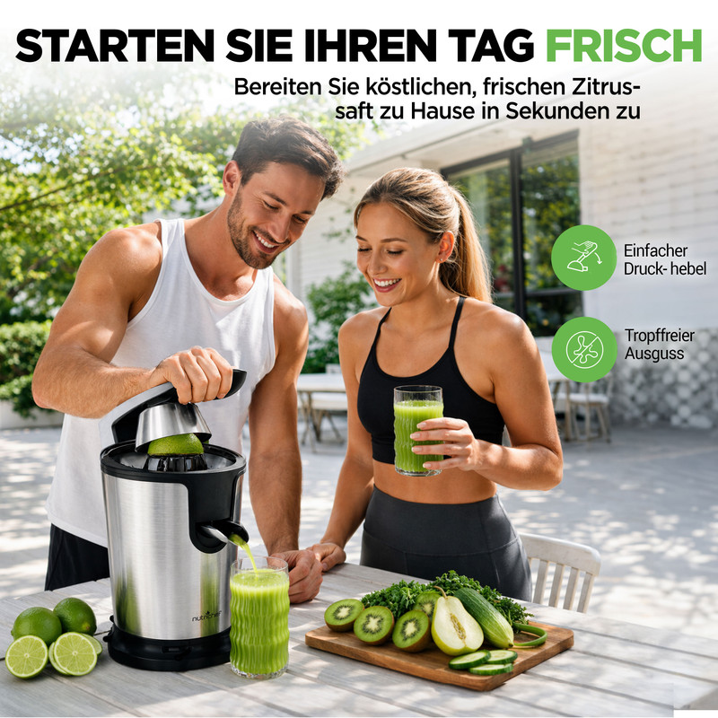Ein Mann und eine Frau machen frischen Saft mit einer Zitruspresse im Freien.