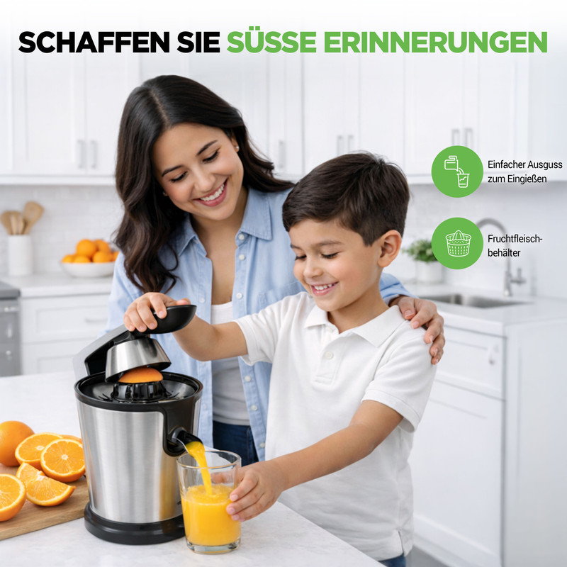 Frau und Junge pressen Orangen aus. Saft fließt in Glas.