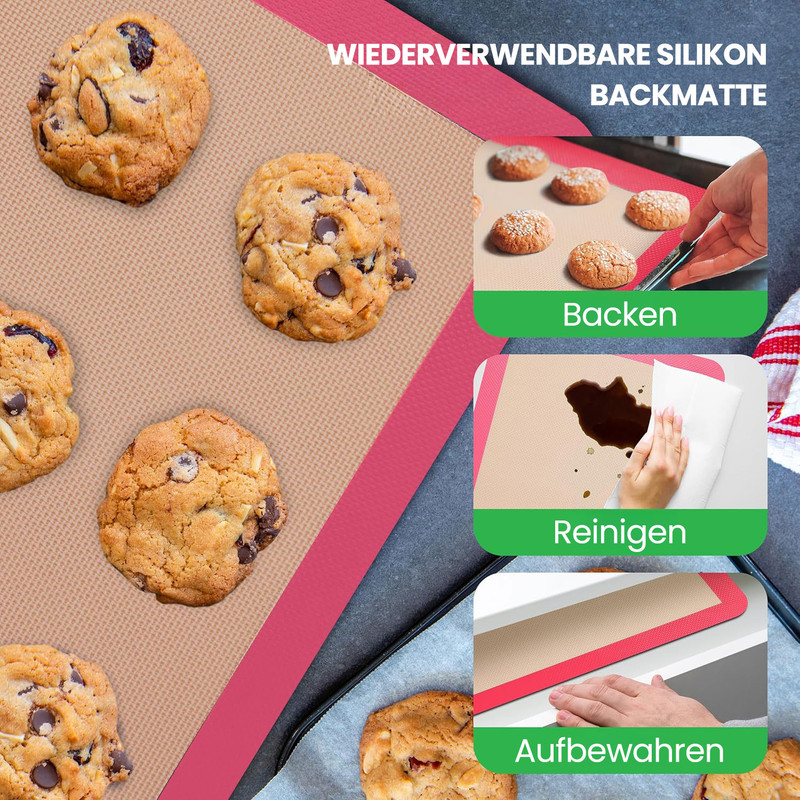 Wiederverwendbare Silikon-Backmatte mit Keksen, Reinigung und Lagerung.