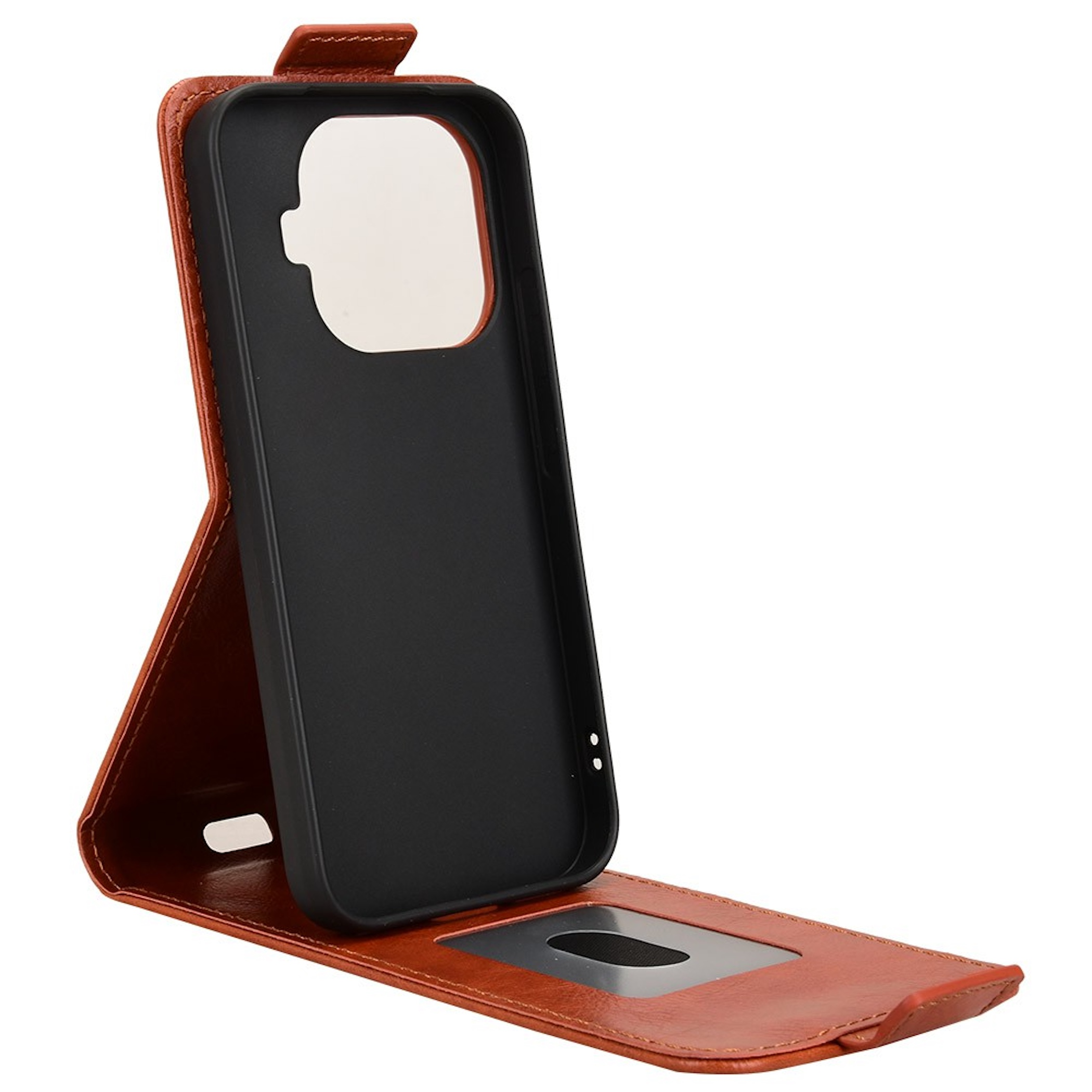 Funda de teléfono de cuero marrón con inserto negro y recorte de ventana.