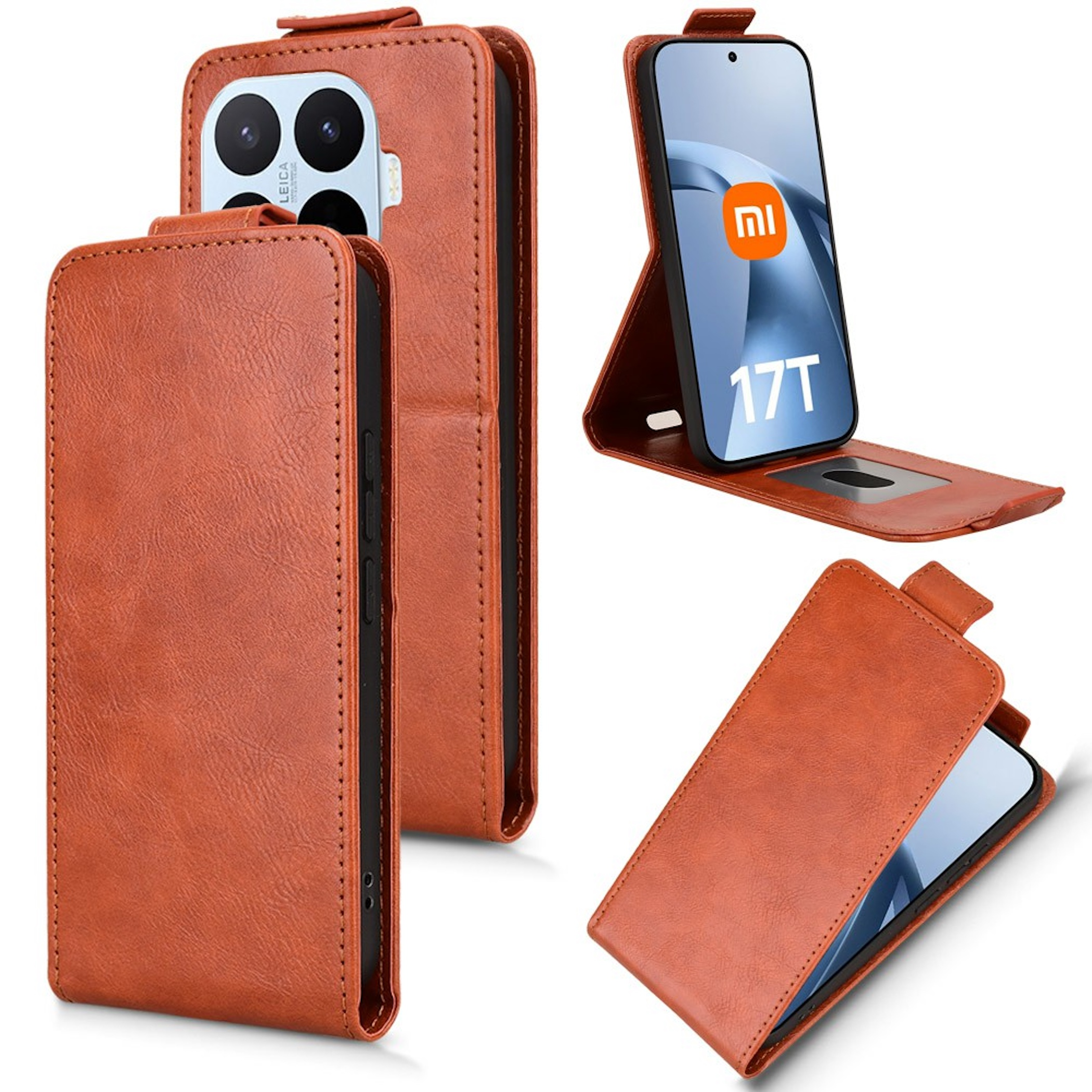 Funda de cuero marrón para teléfono con cámara triple y logo Leica.