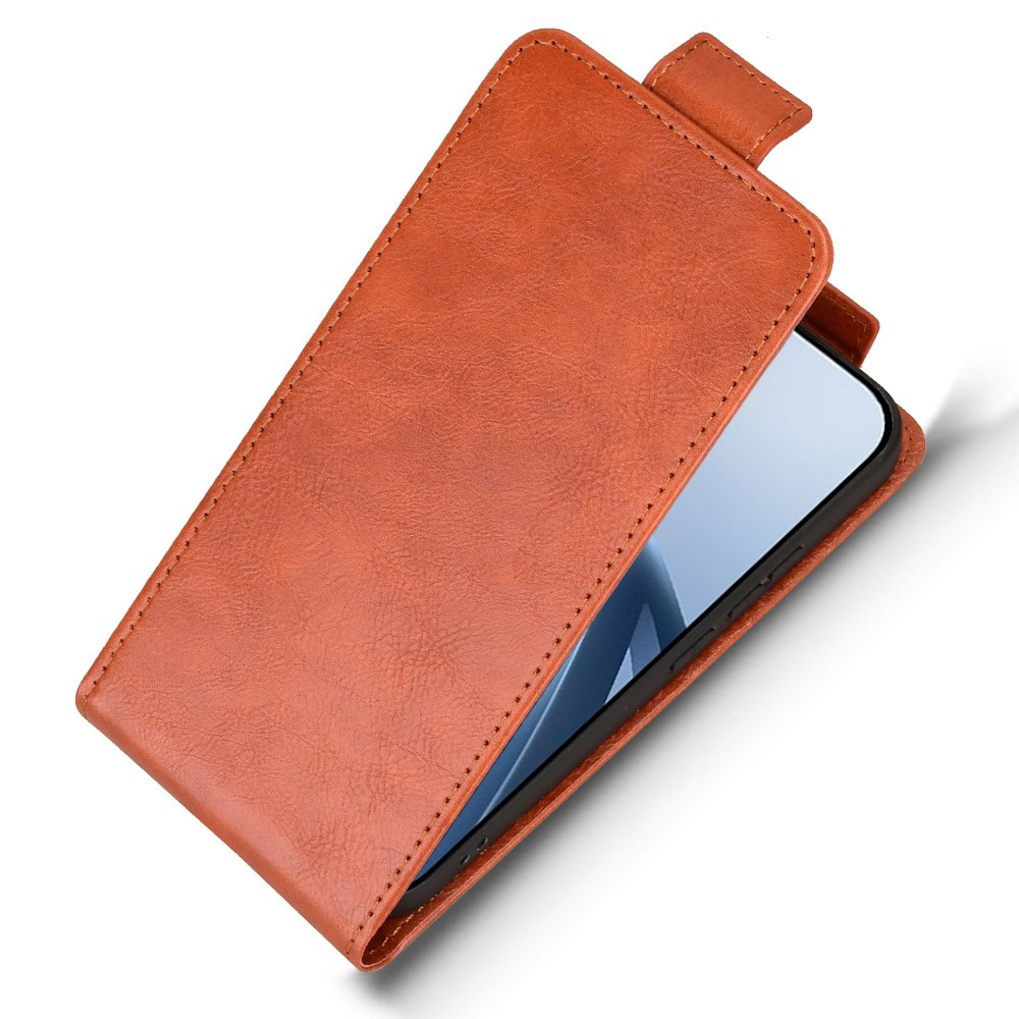 Una funda de cuero marrón para teléfono, mostrada parcialmente abierta.