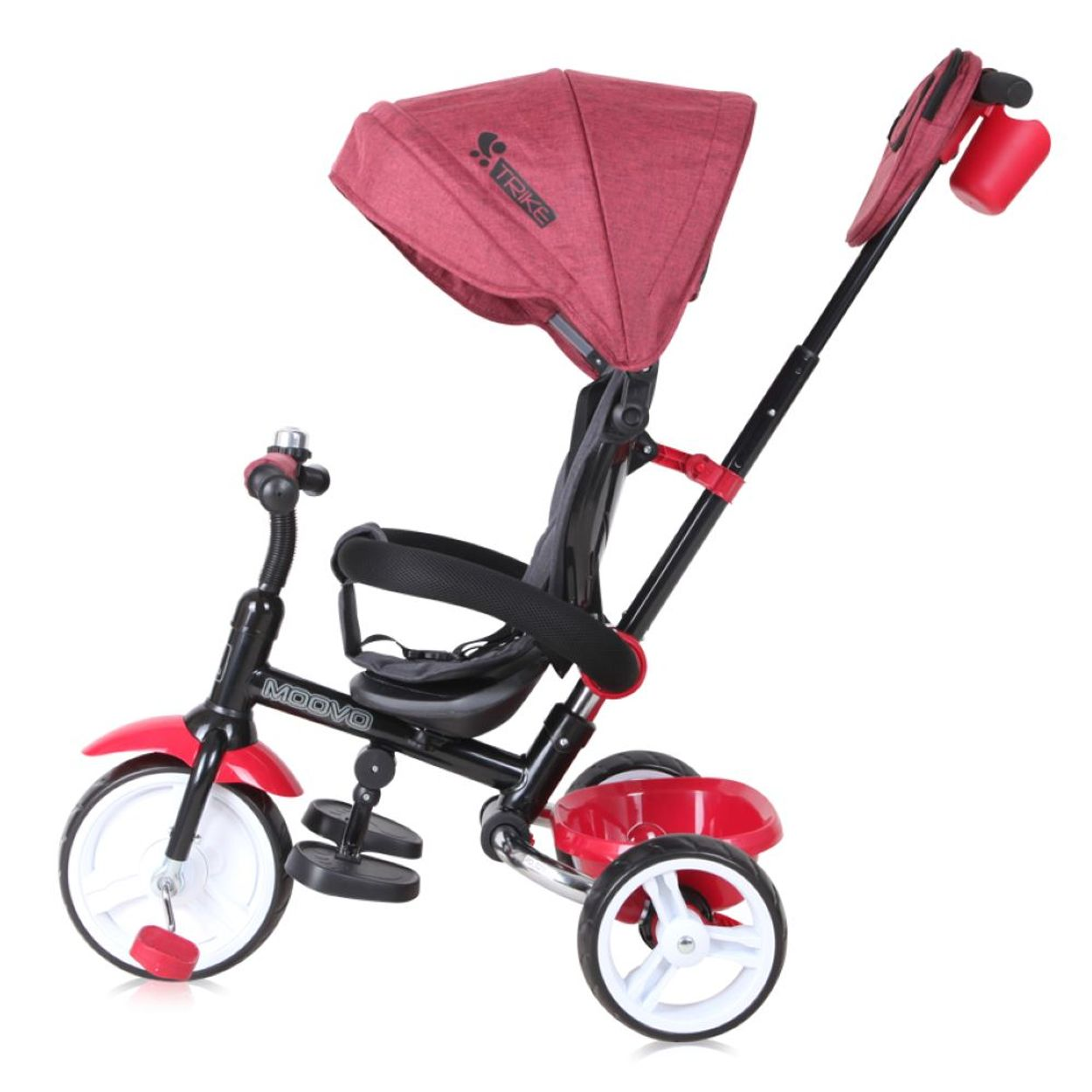 Ein roter und schwarzer Dreirad-Kinderwagen mit Verdeck und Griff.