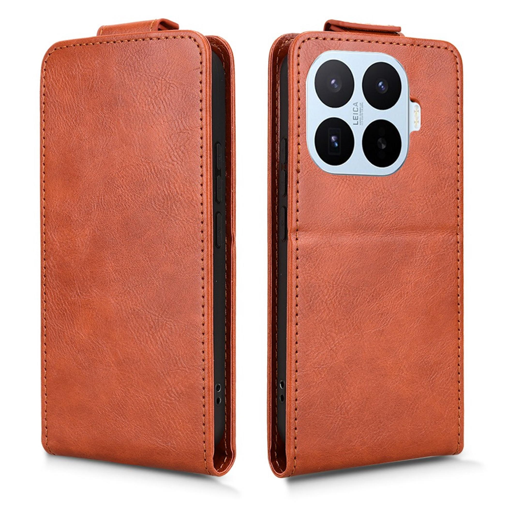 Funda de teléfono marrón con cámara cuádruple y logo Leica, frontal y trasera.