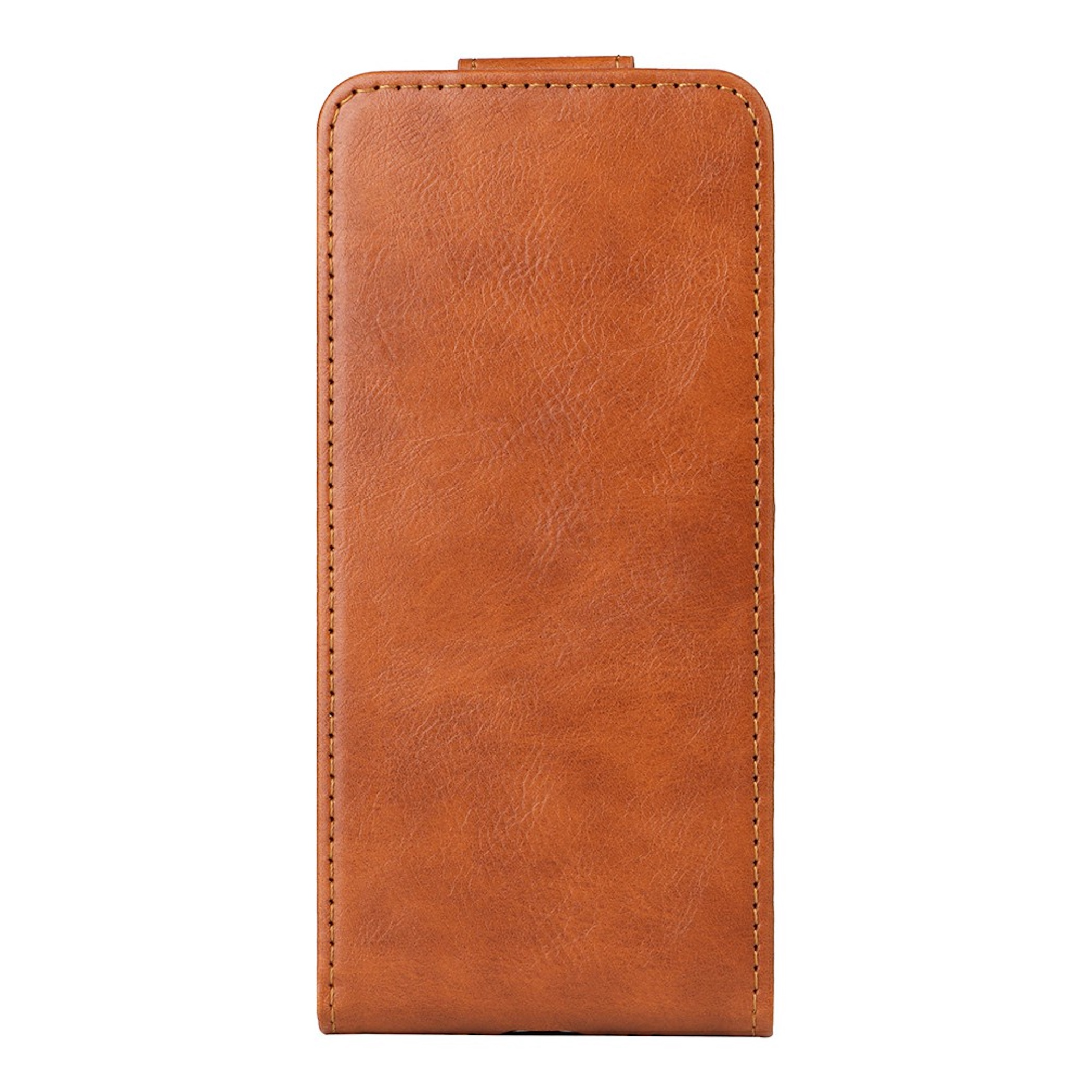 Una funda de cuero marrón para teléfono con costuras.