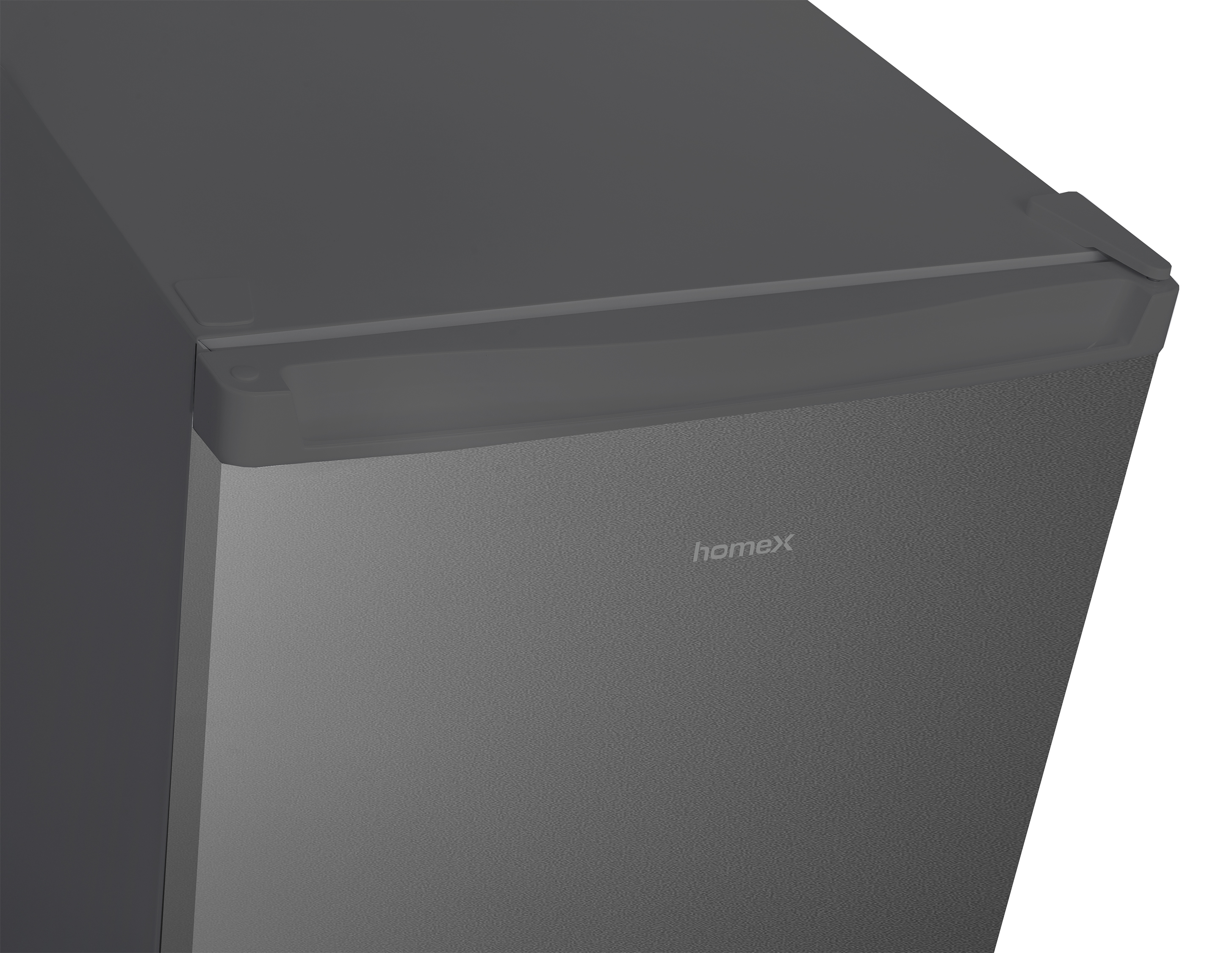 Dunkelgrauer Kühlschrank mit texturiertem Finish und silbernem Logo.