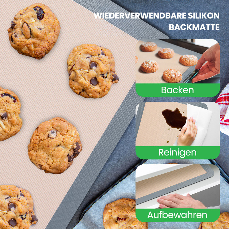 Wiederverwendbare Silikon-Backmatte mit Keksen, Backen, Reinigen und Aufbewahren.