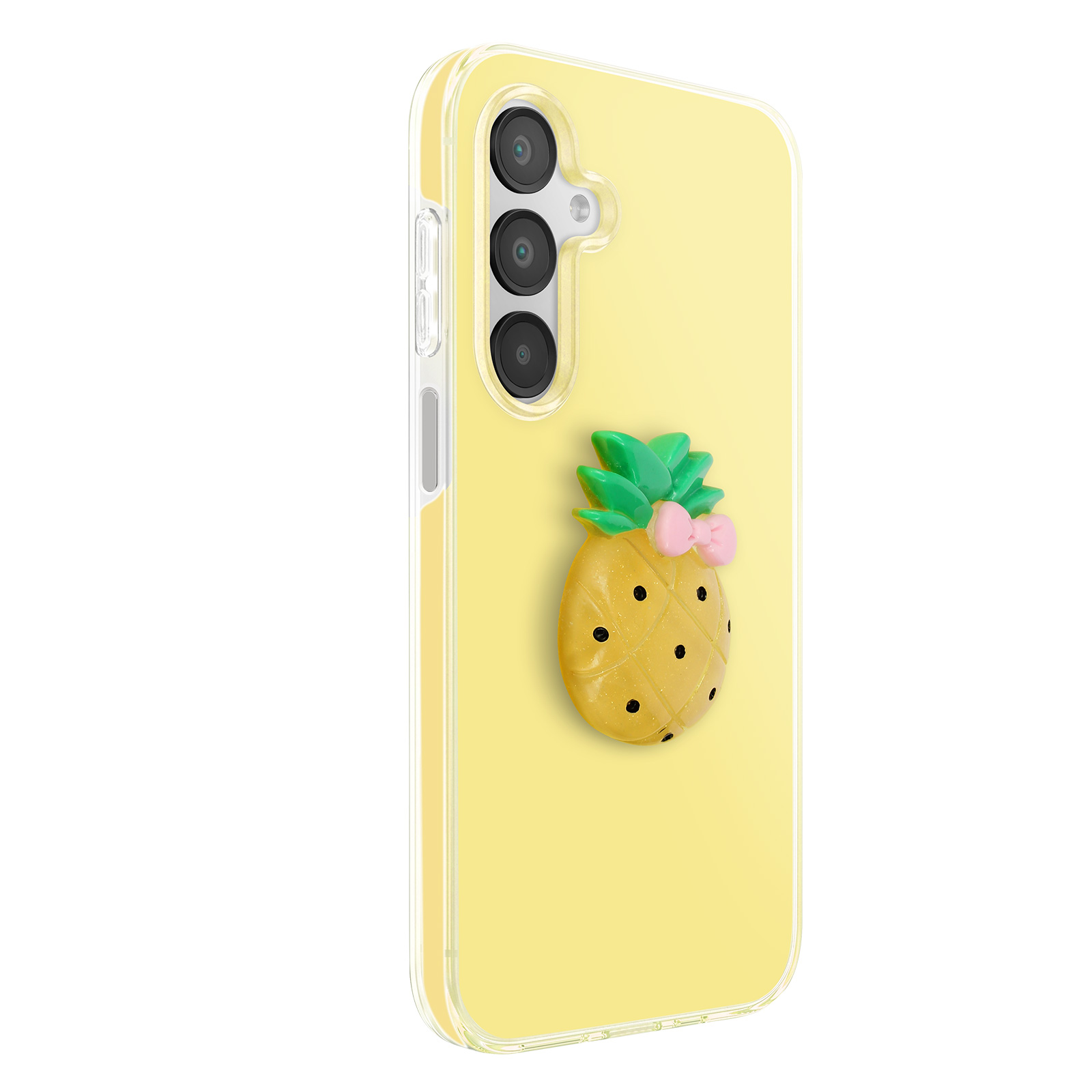 Gelbe Handyhülle mit einem 3D-Ananas-Design und einem rosa Schleifenakzent.