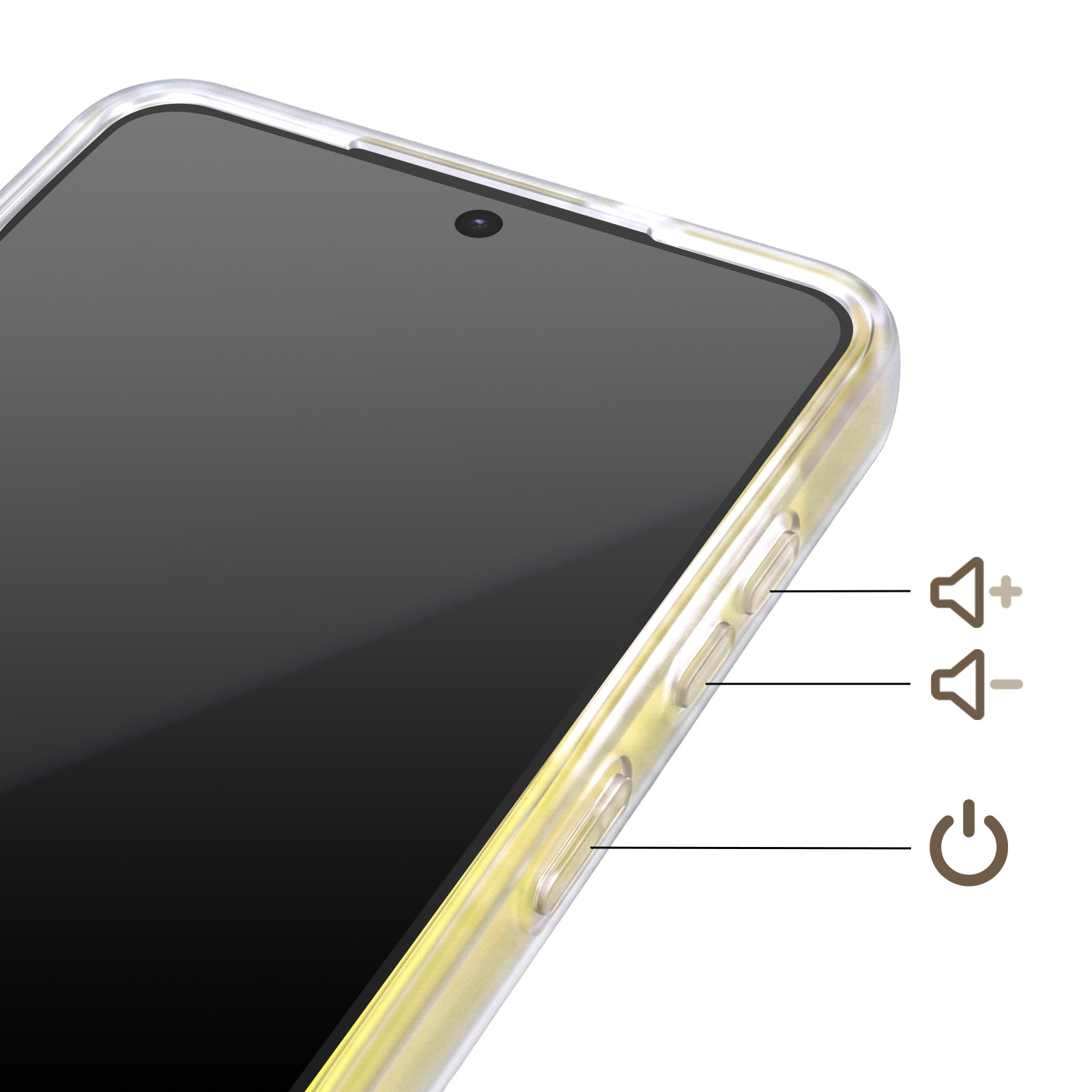 Nahaufnahme eines Smartphones mit transparentem Gehäuse und Bedienelementen.