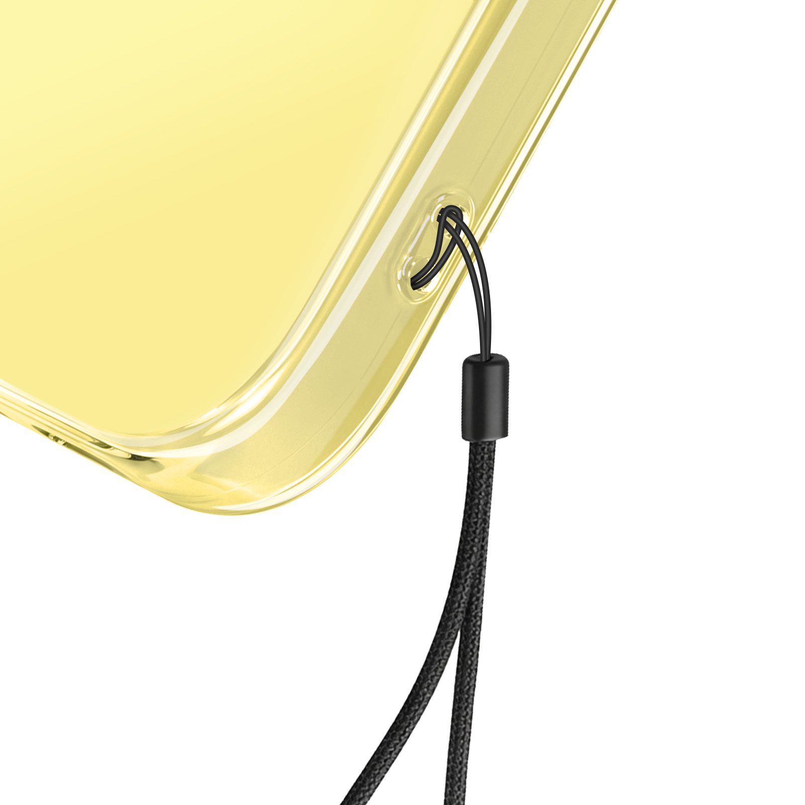 Transparente gelbe Handyhülle mit schwarzem Lanyard und Halterung.
