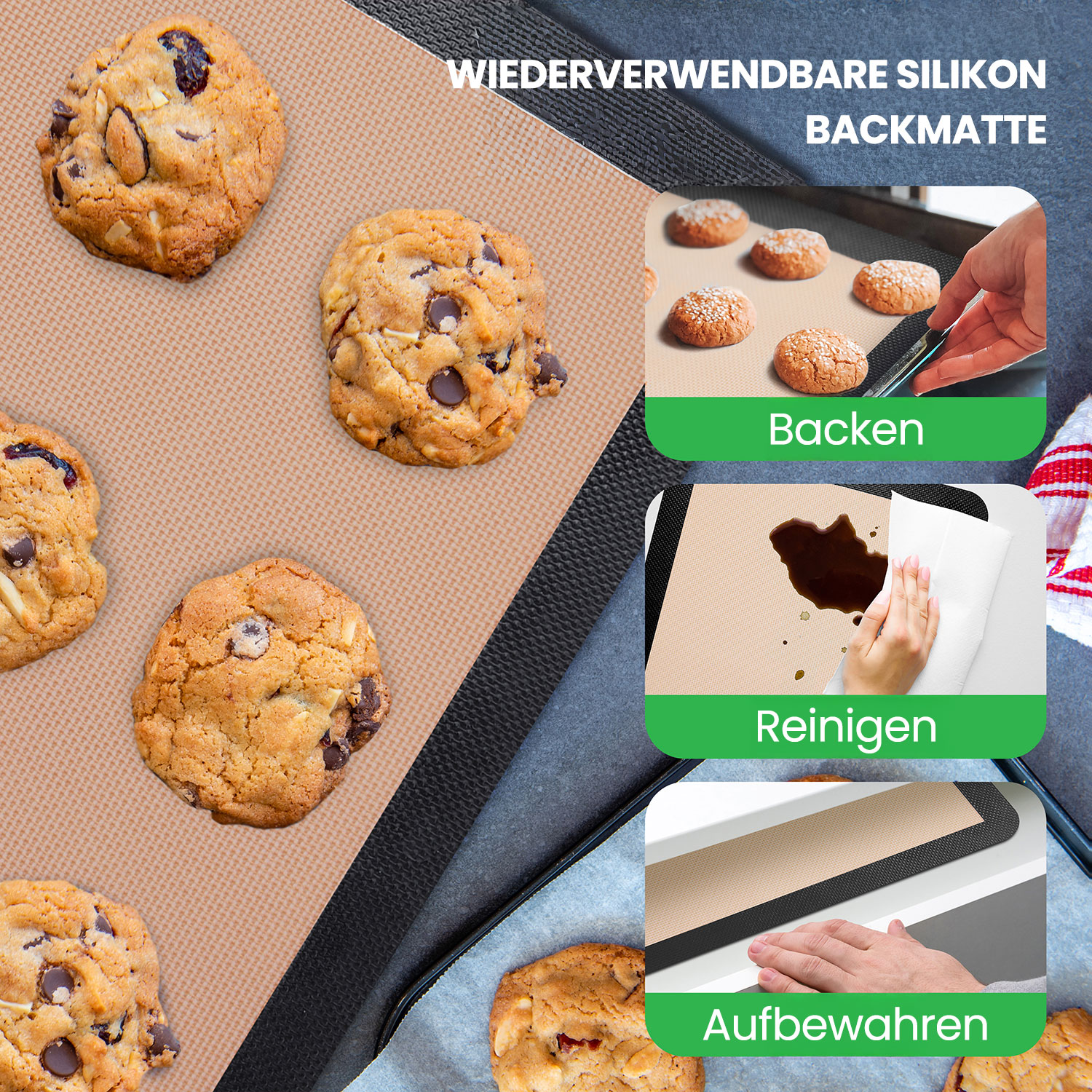 Wiederverwendbare Silikon Backmatte mit Keksen, Backen, Reinigen und Aufbewahren.