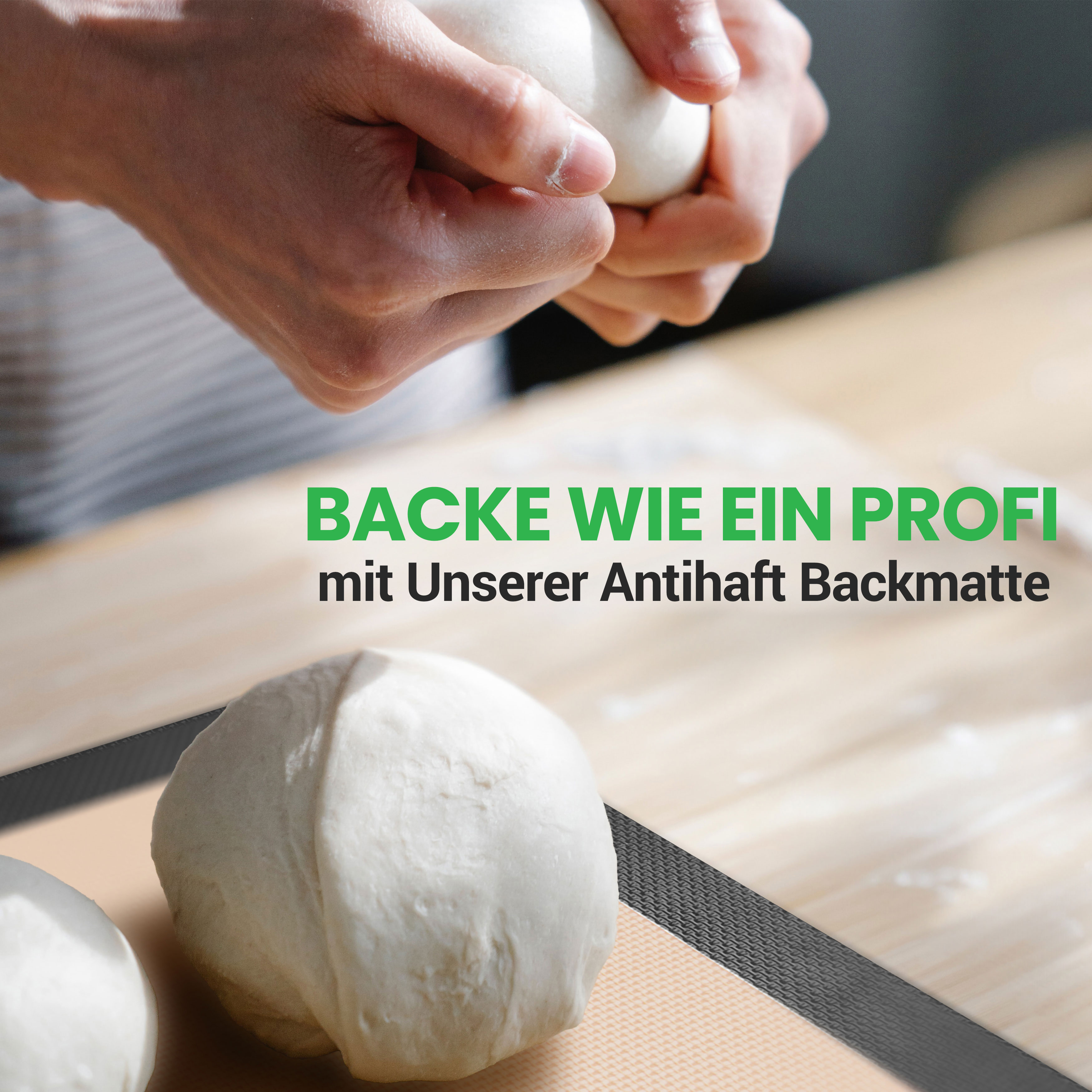 Hände formen Teig auf einer Backmatte mit Text.