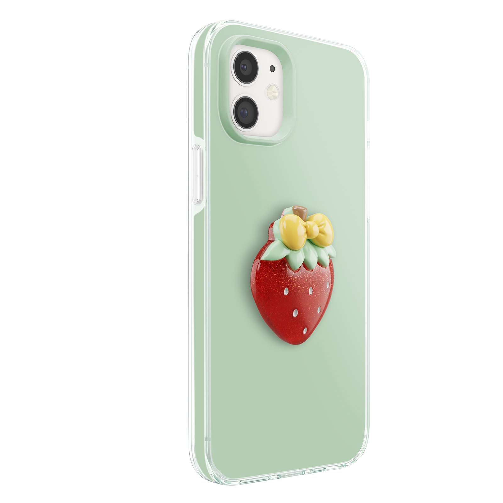 Ein mintgrünes Handycase mit Erdbeer-Anhänger und gelber Schleife.