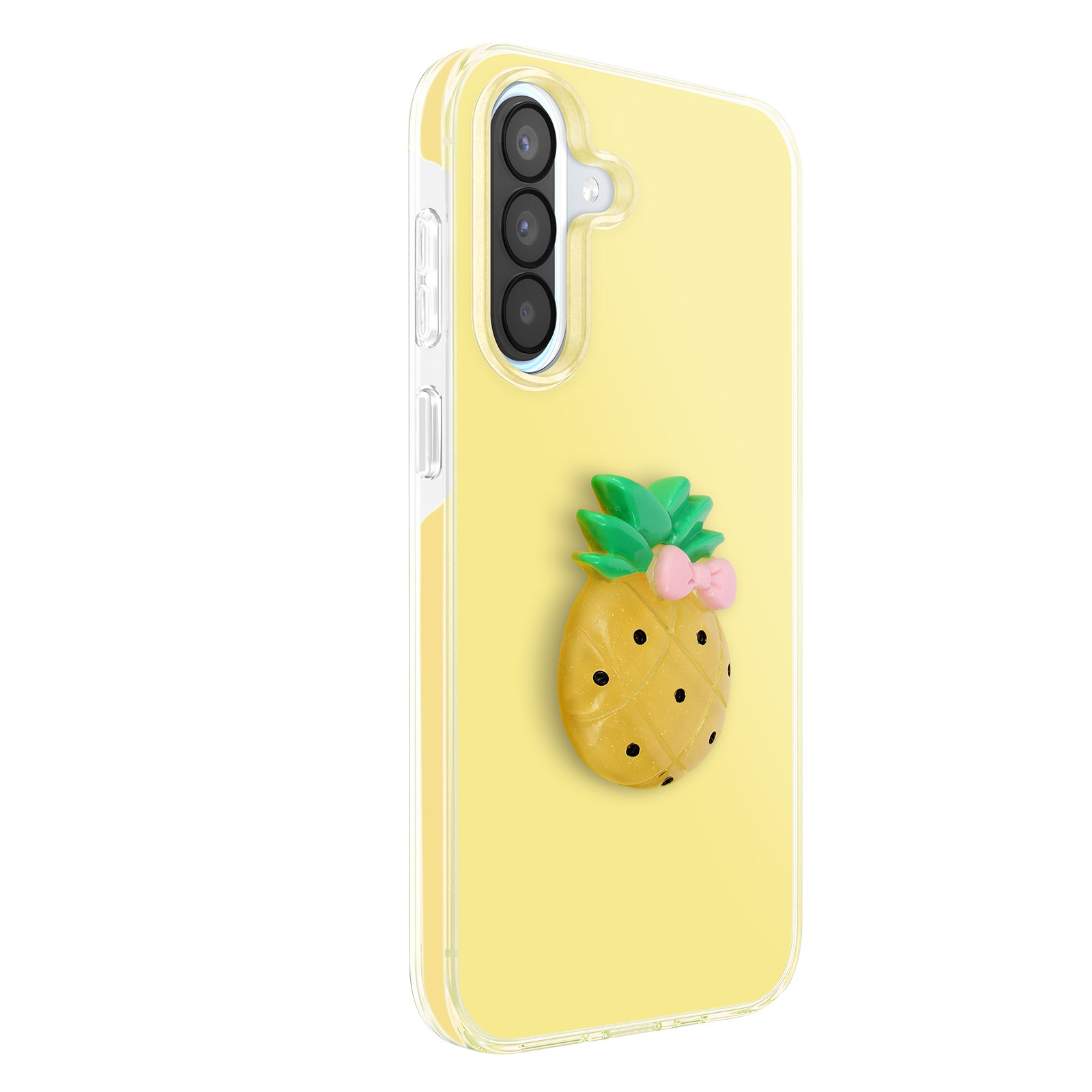 Transparente Hülle mit gelbem Hintergrund und Ananas-Dekor mit Schleife.