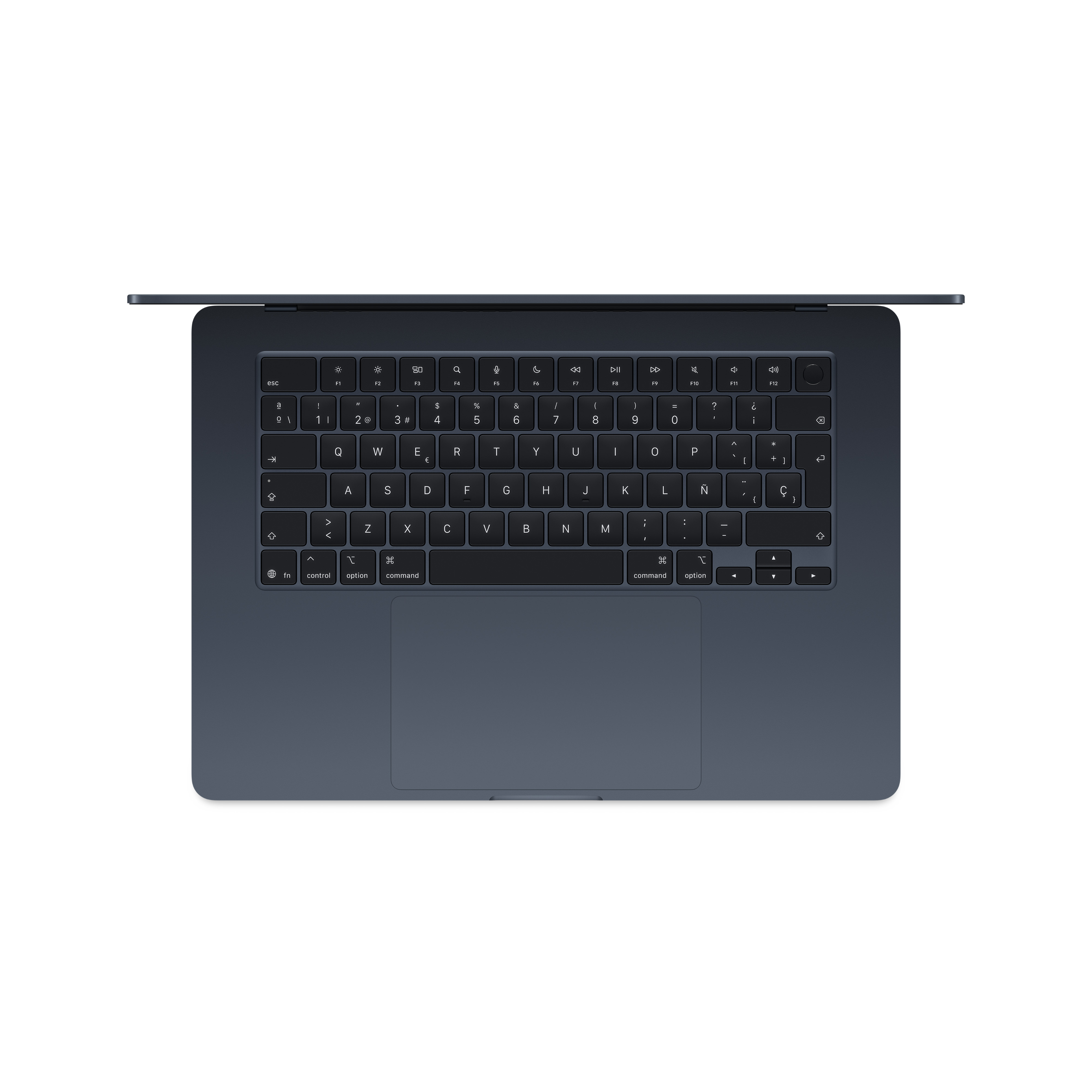 Portátil azul oscuro, vista superior, con la tapa abierta mostrando el teclado.