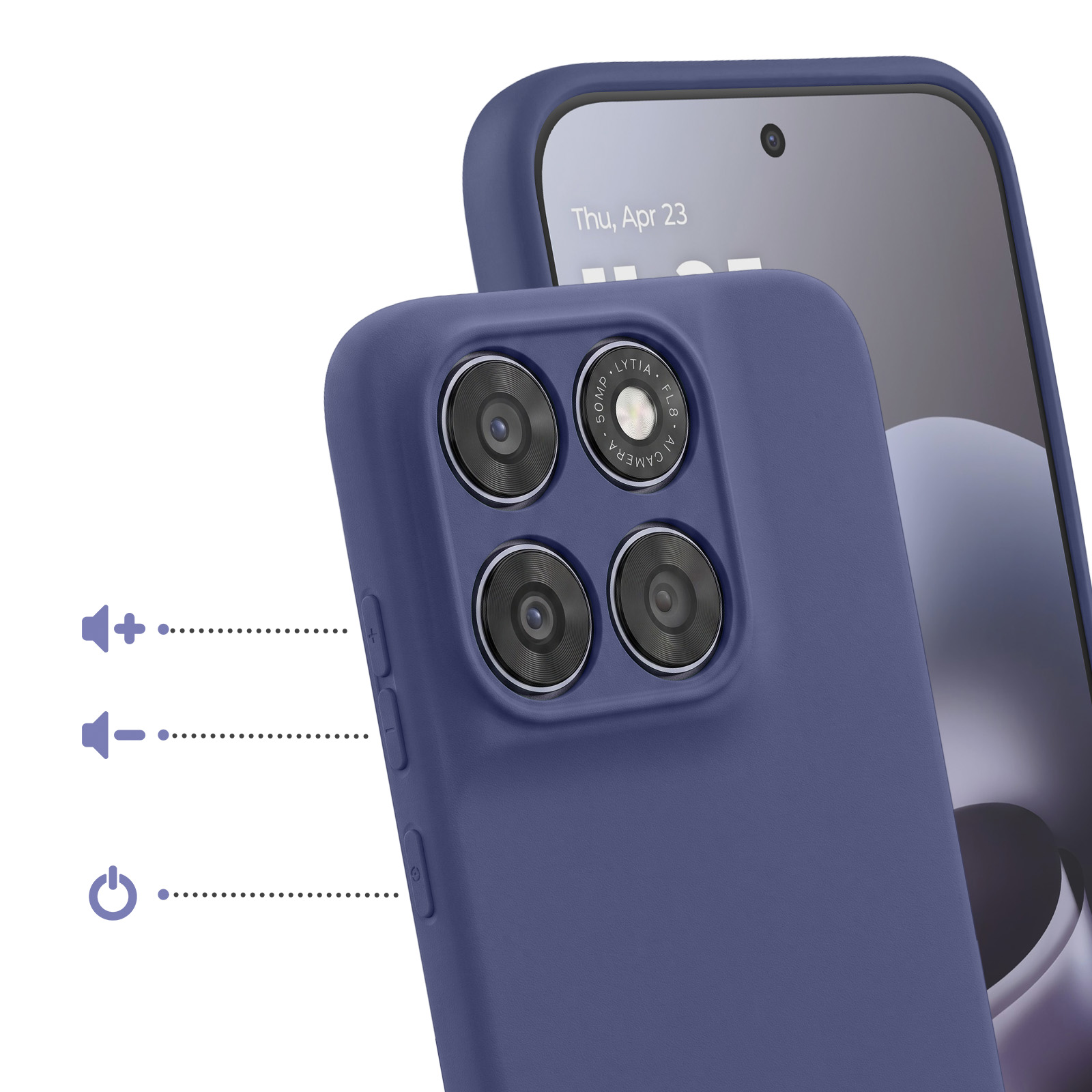 Ein violettes Handygehäuse zeigt eine Vierfachkamera und Lautstärketasten.