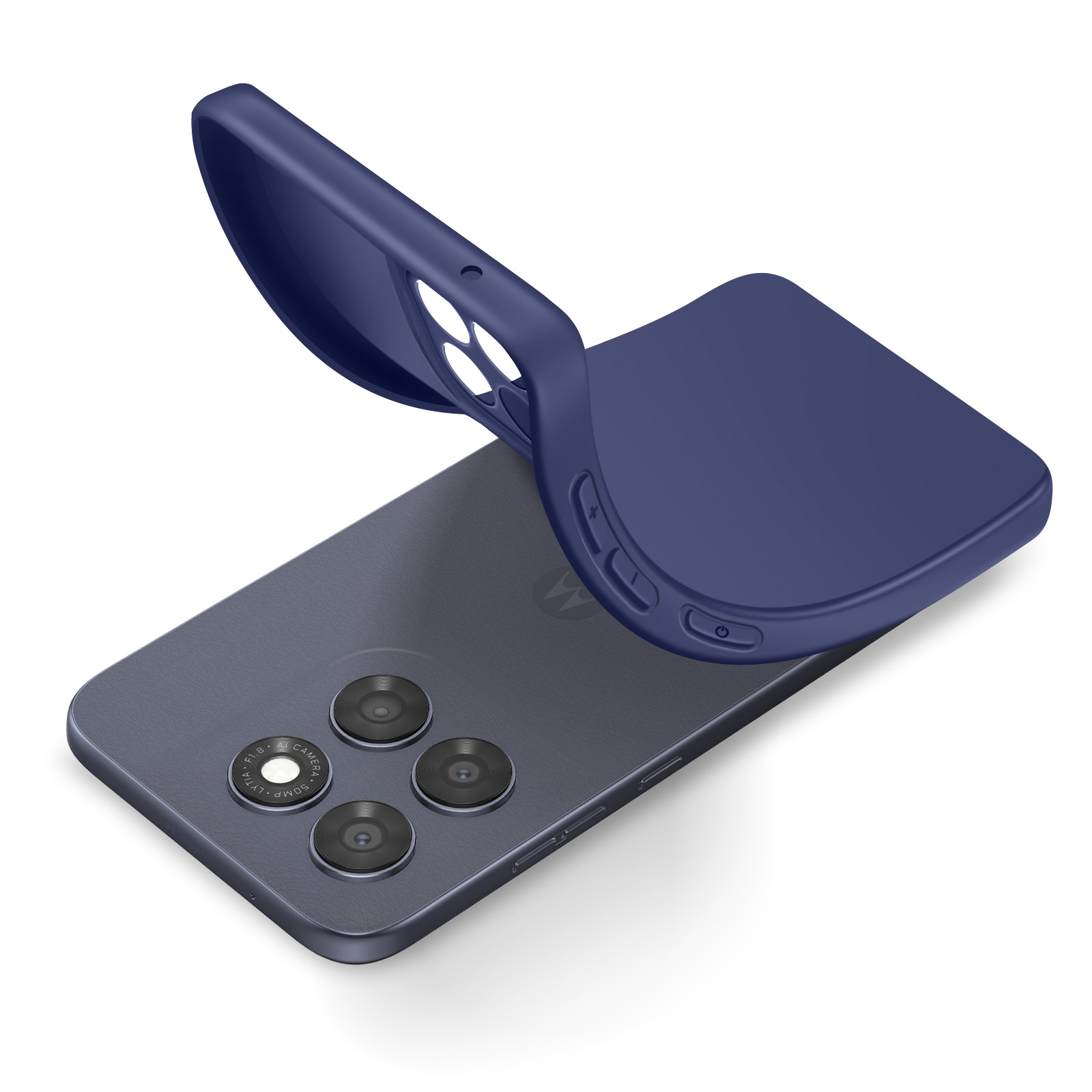 Dunkelblaue Hülle über einem dunklen Smartphone mit drei Kameras.