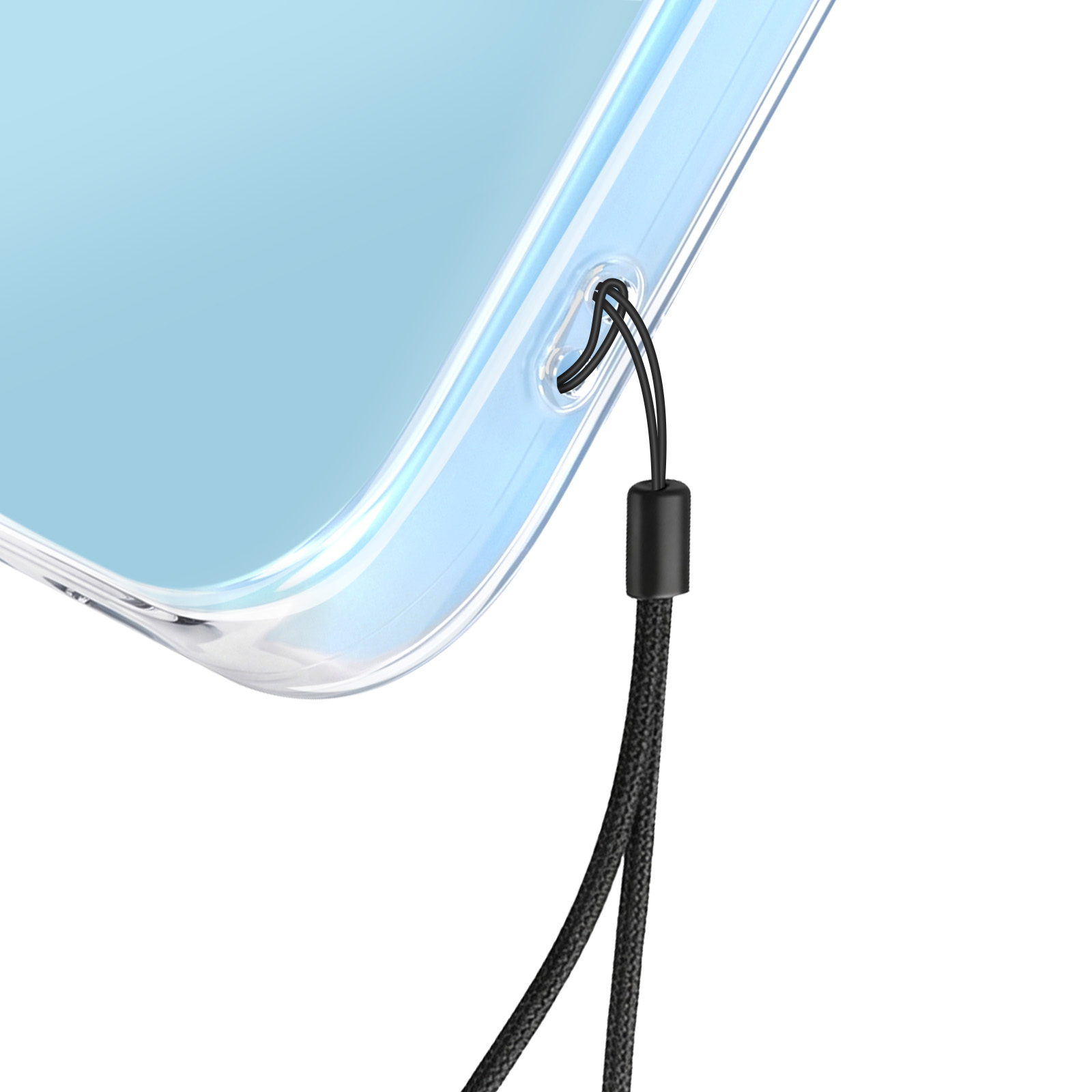 Transparente Hülle mit einem schwarzen Band, das durch eine Öse geführt wird.