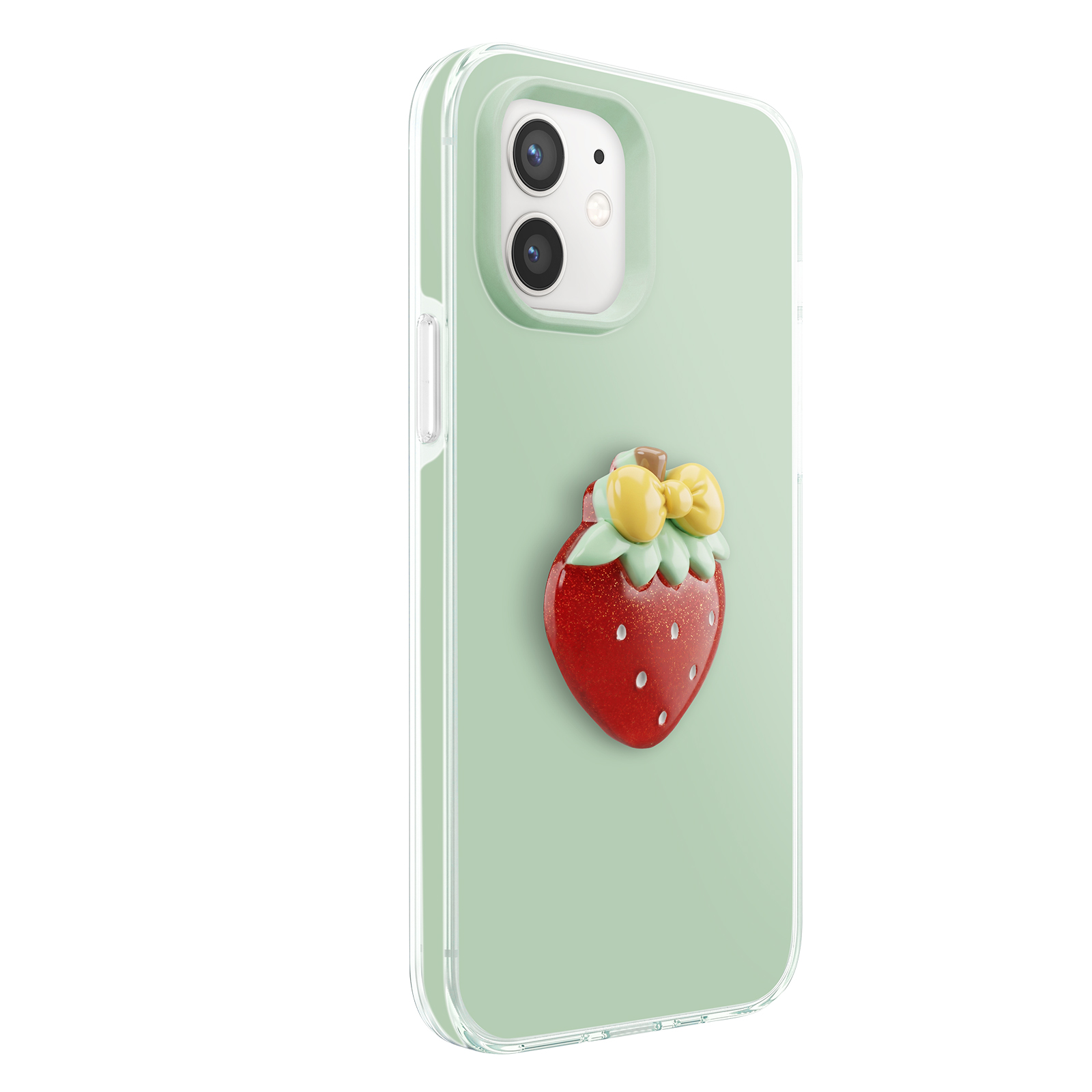 Ein hellgrünes Handy-Case mit einem roten Erdbeer-Anhänger und gelber Schleife.