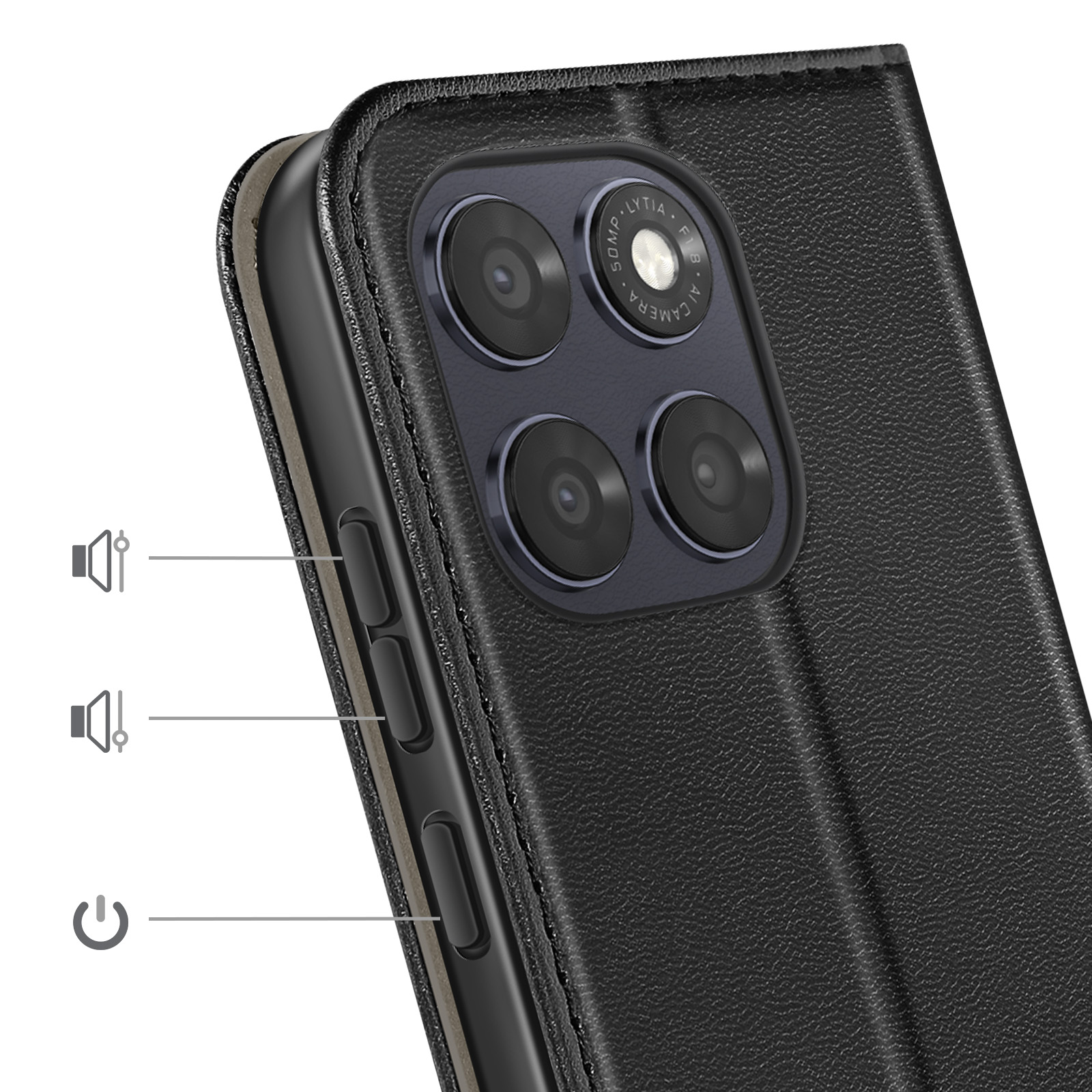 Schwarzes Handy mit vier Kameras und Lautstärke-/Ein/Aus-Tasten.