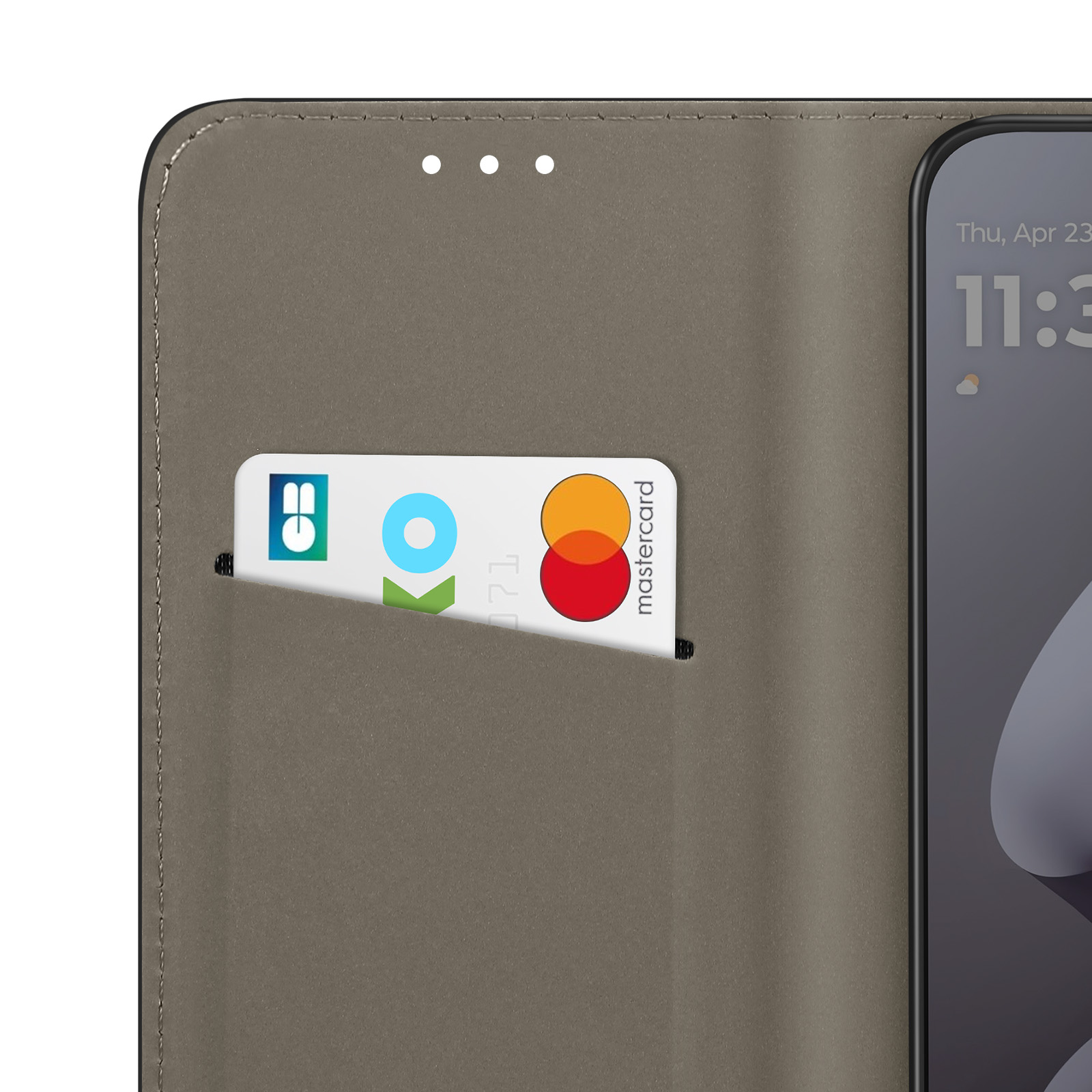 Graue Handyhülle mit Kartenschlitz und Mastercard. Datums- und Uhrzeitanzeige.