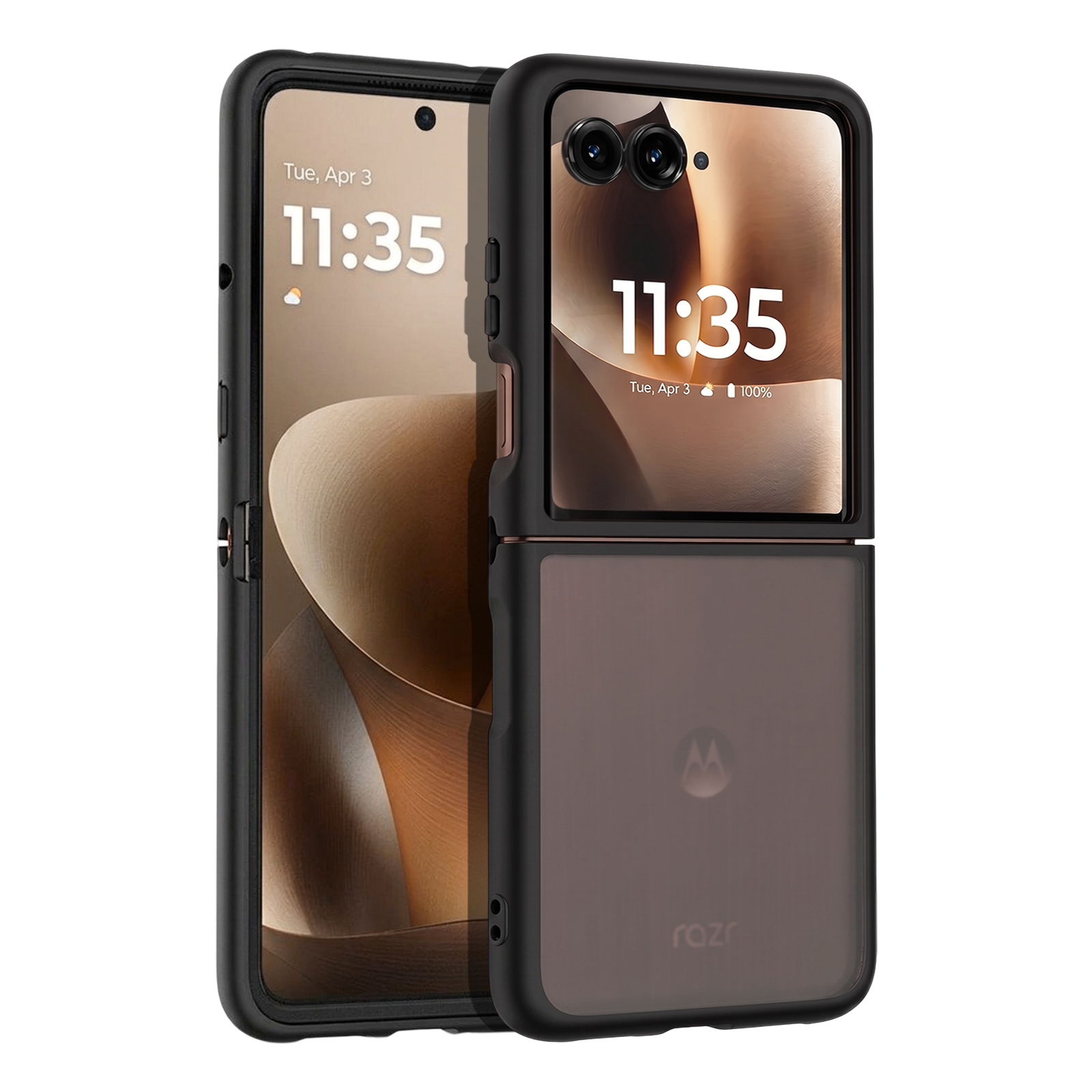 Un teléfono plegable negro con dos cámaras y una carcasa translúcida.