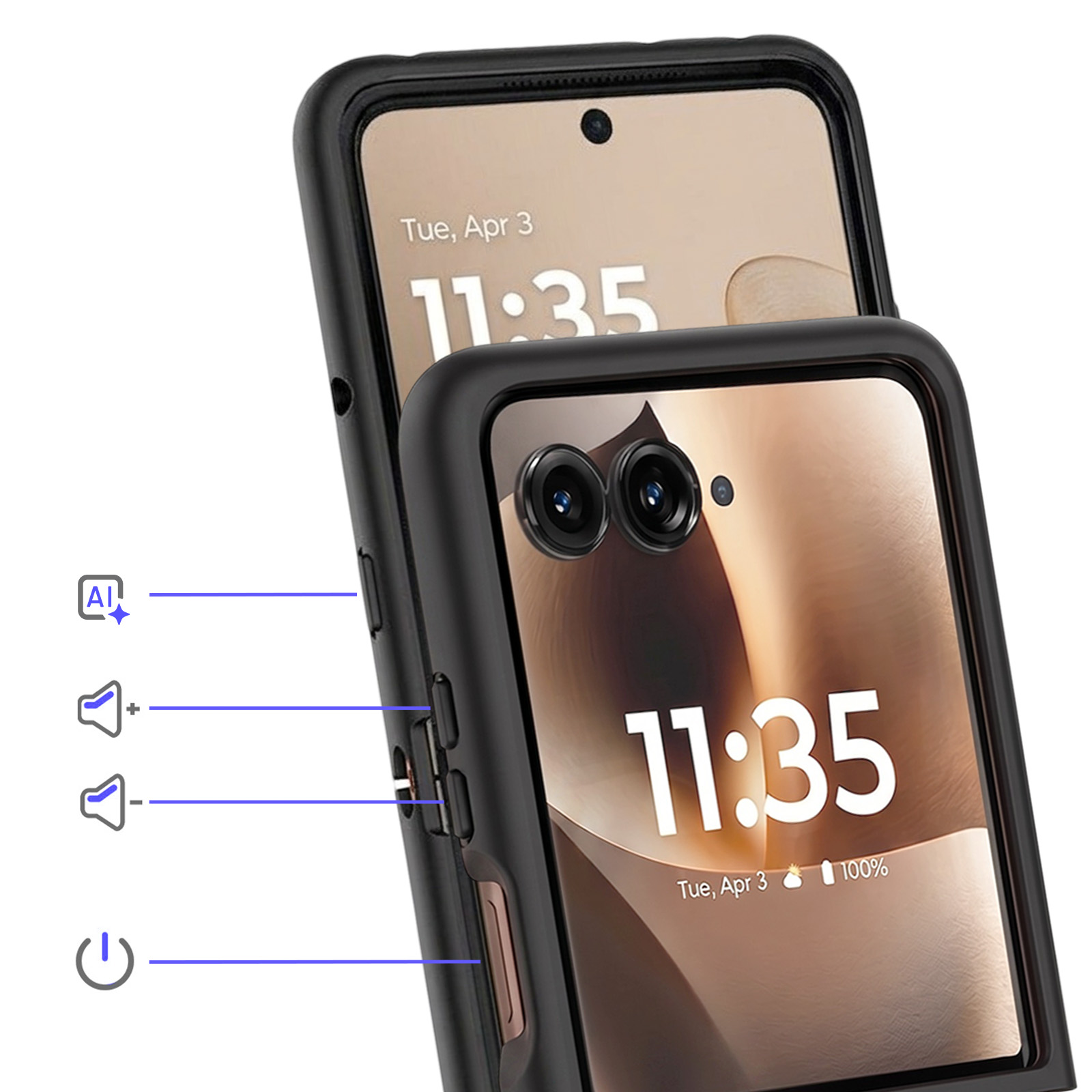 Dos smartphones en fundas negras que muestran la hora 11:35.