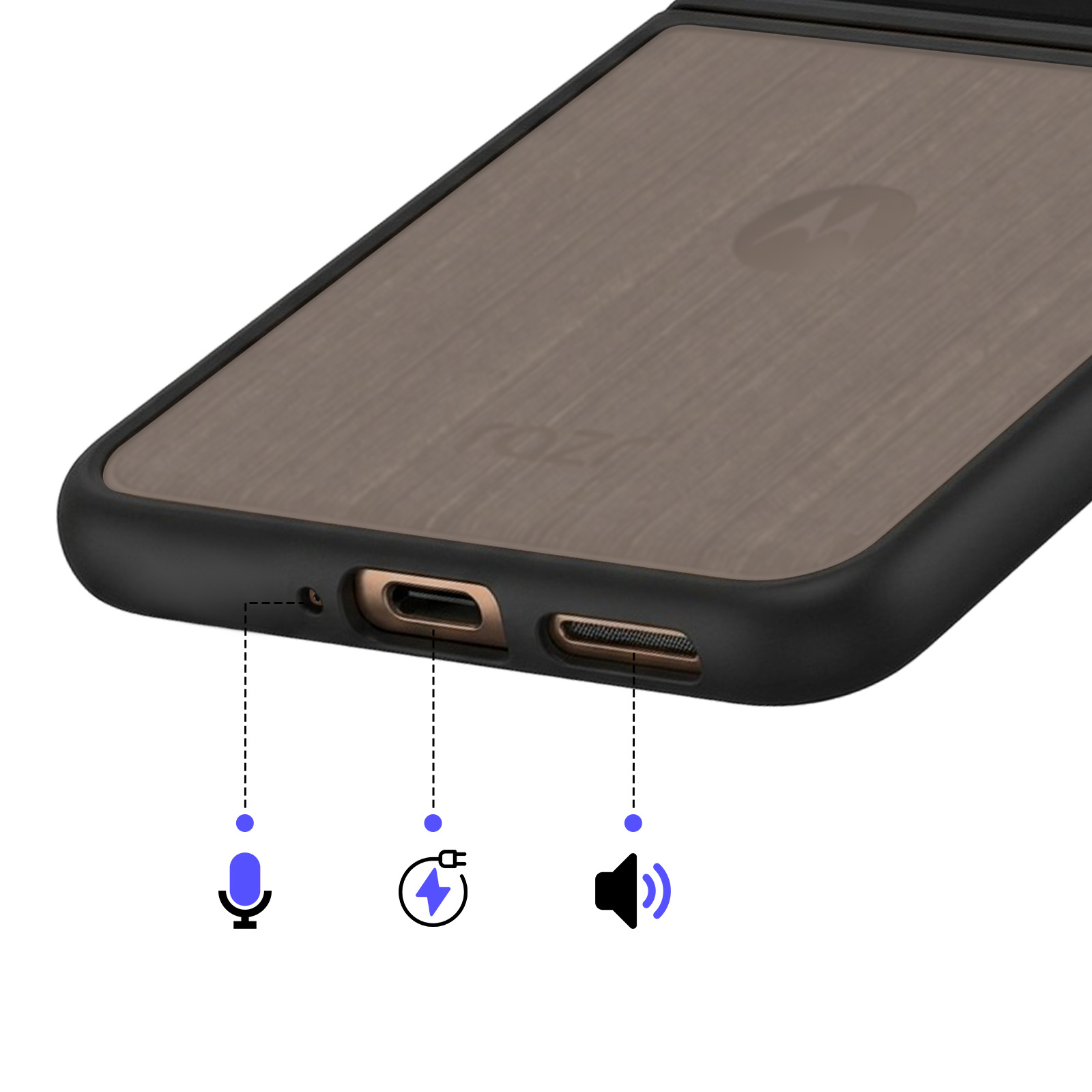 Primer plano del borde inferior de un teléfono de madera con puertos e iconos.