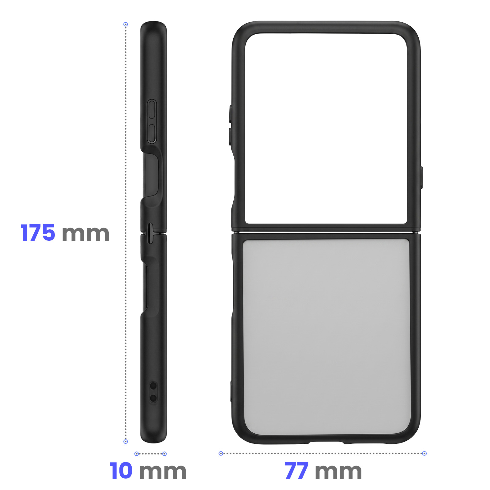 Funda negra para teléfono plegable, mostrando dimensiones: 175 mm alto, 10 mm grosor, 77 mm ancho.