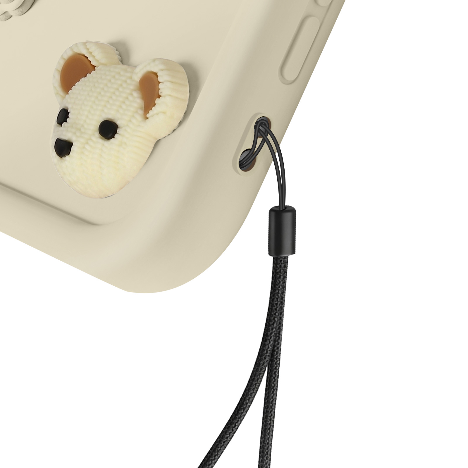 Ein beigefarbenes Handyhülle mit einem weißen Teddybär-Motiv und einem schwarzen Trageband.