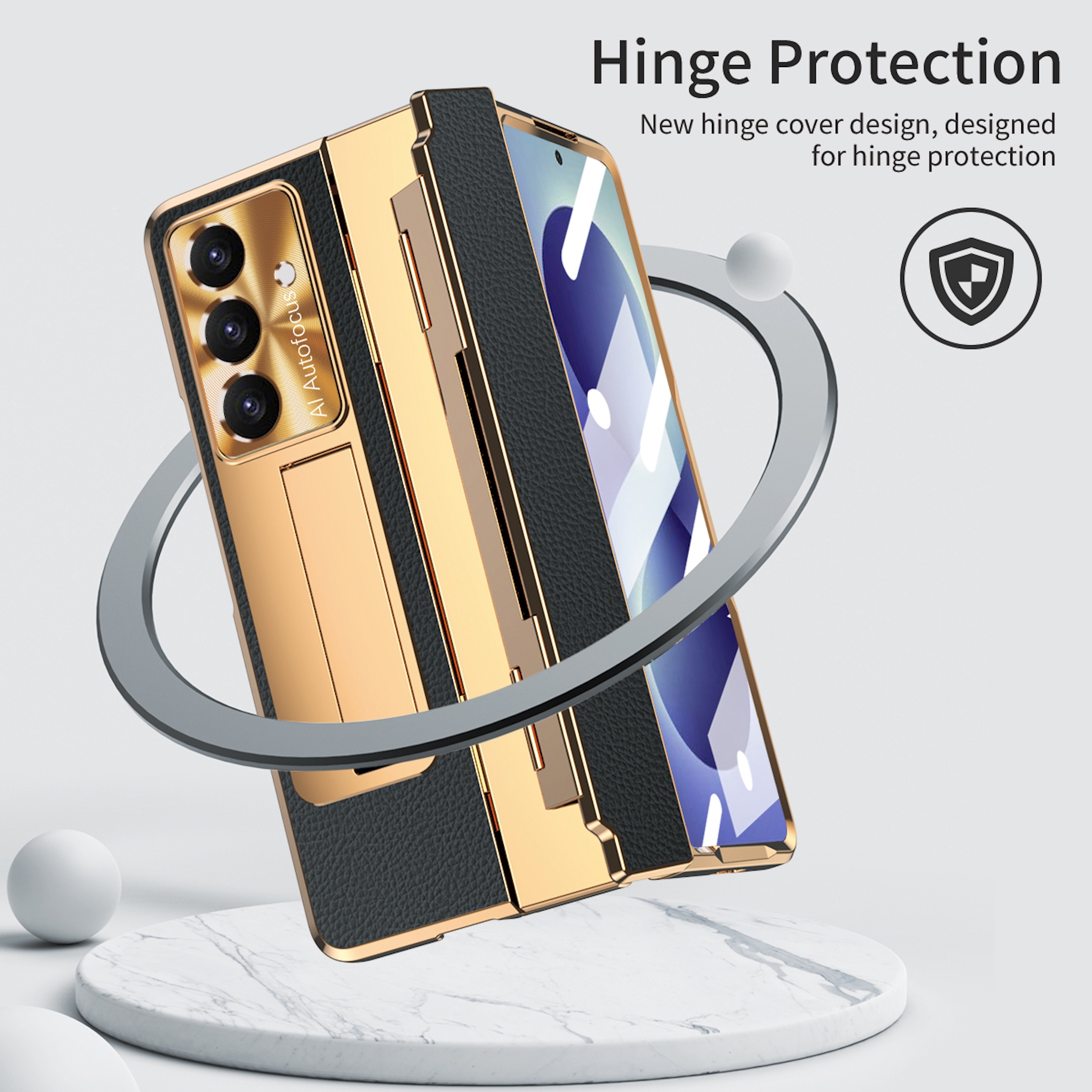 Funda dorada para teléfono con cuero negro, sobre soporte de mármol, con anillo e icono.