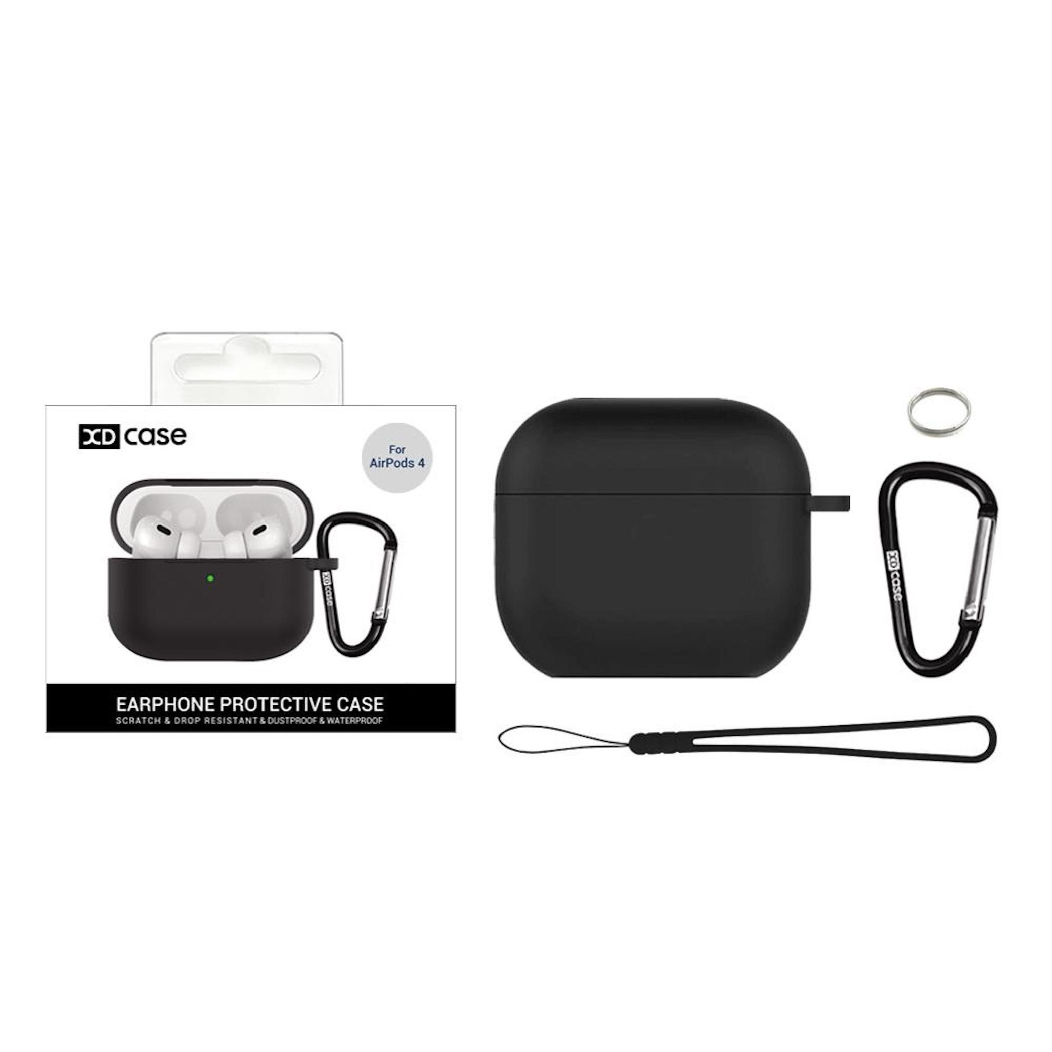 Funda negra XD para AirPods 4, con mosquetón y correa. También muestra paquete.
