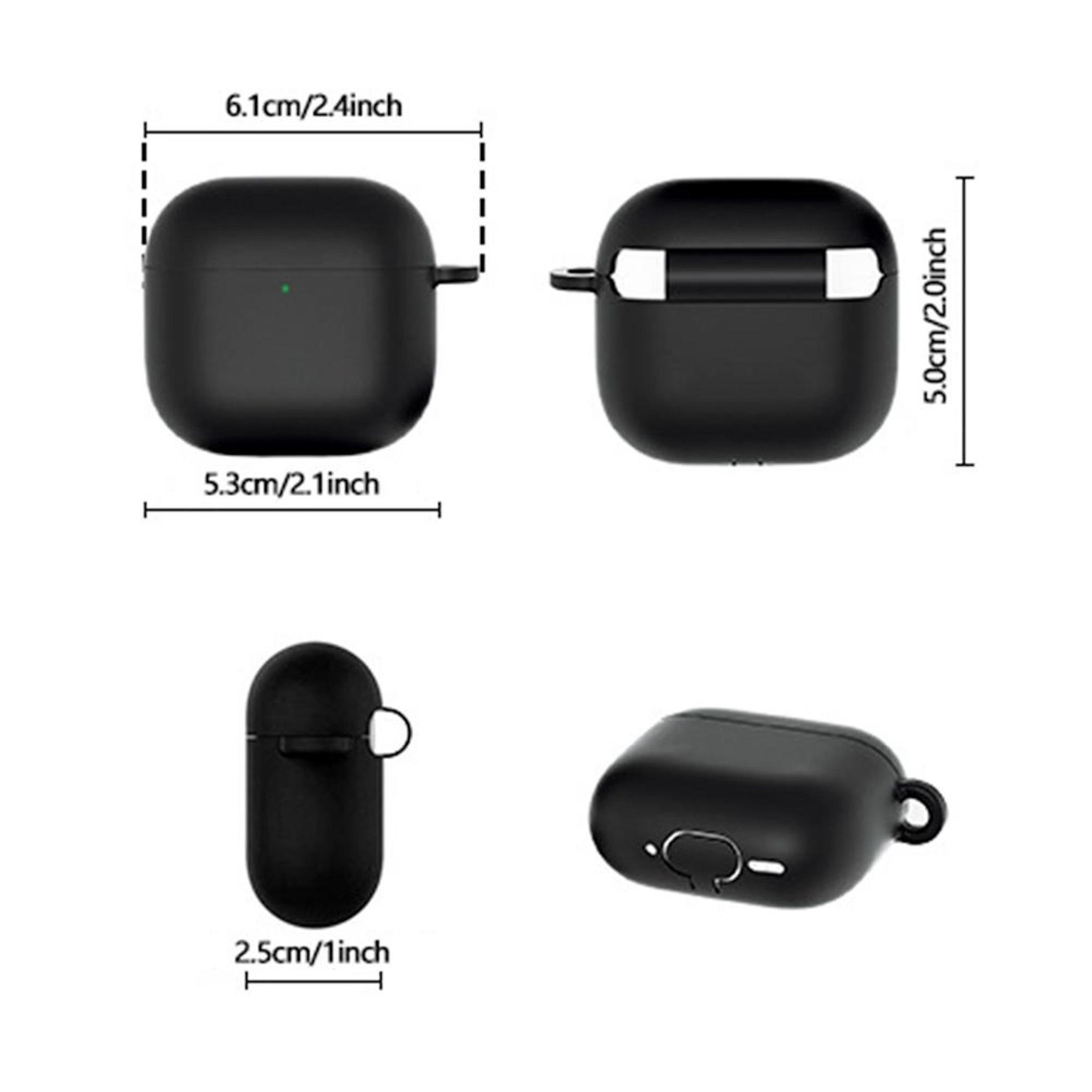 Estuche de carga negro para auriculares con dimensiones.