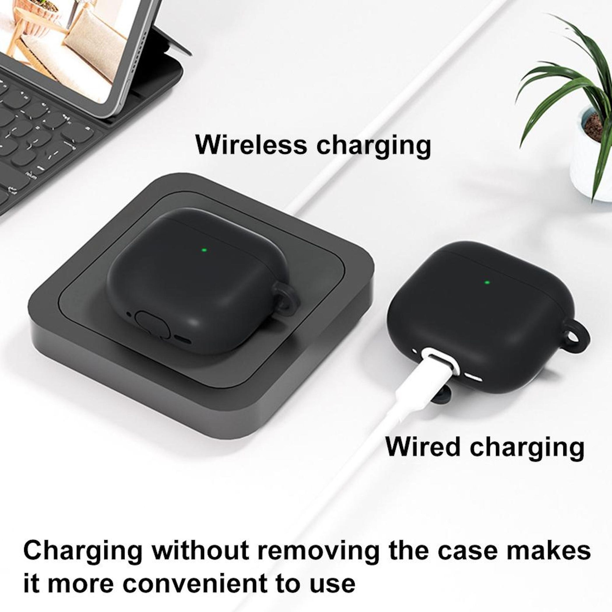 Dos fundas de carga negras, una inalámbrica y otra con cable, con tablet.