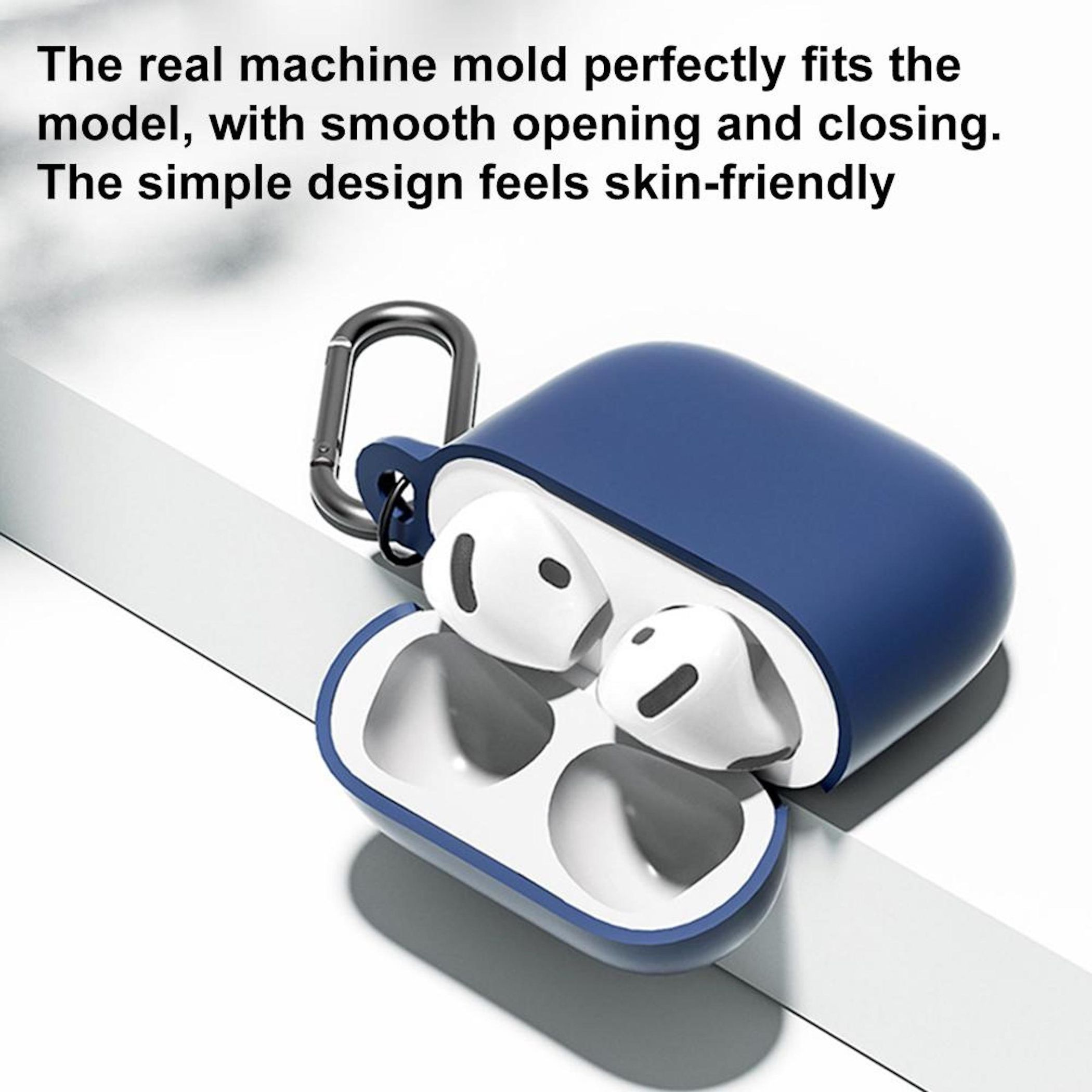 Un estuche azul para auriculares inalámbricos con un mosquetón de metal y los auriculares.