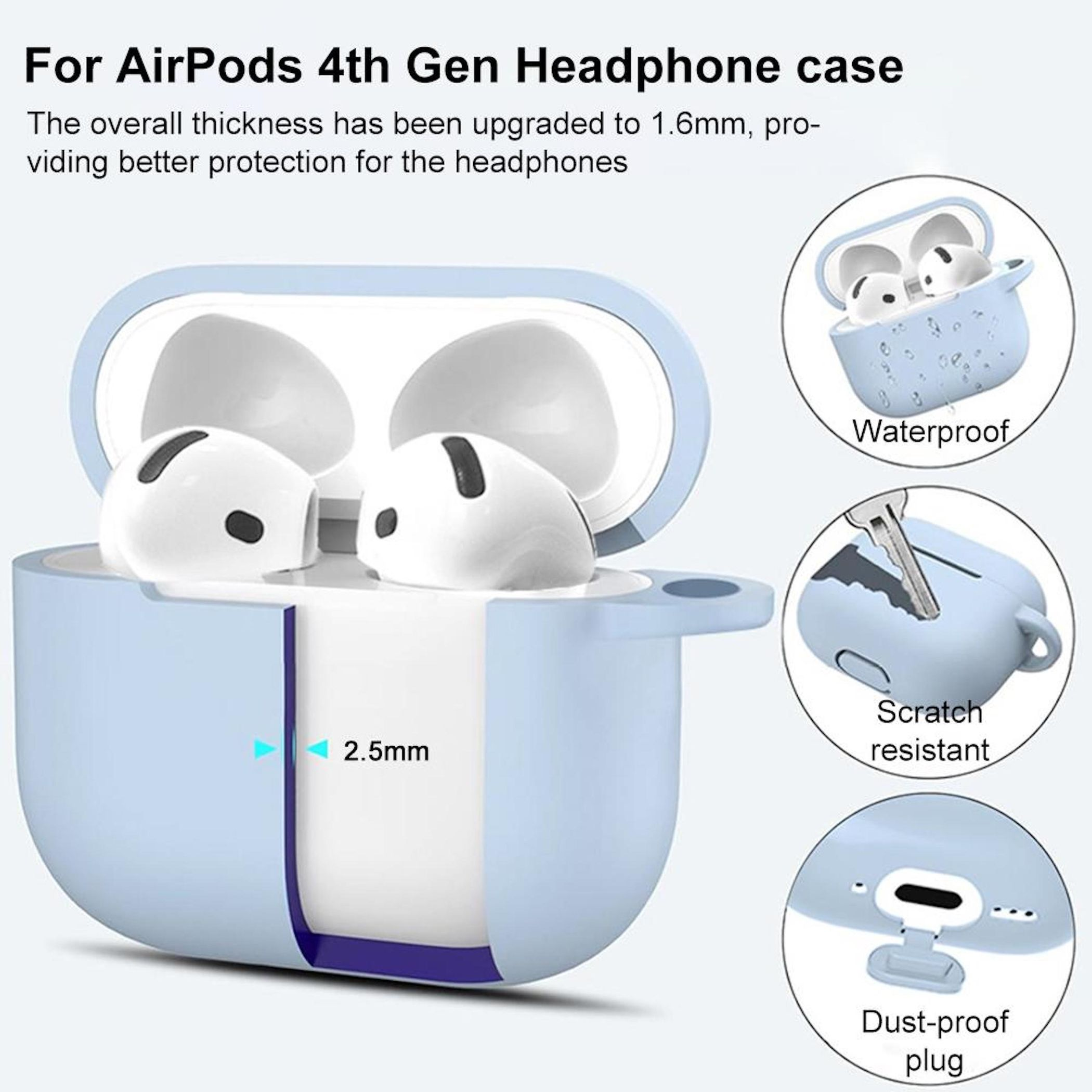 Funda azul claro para AirPods 4ta Gen con auriculares, impermeable, resistente.