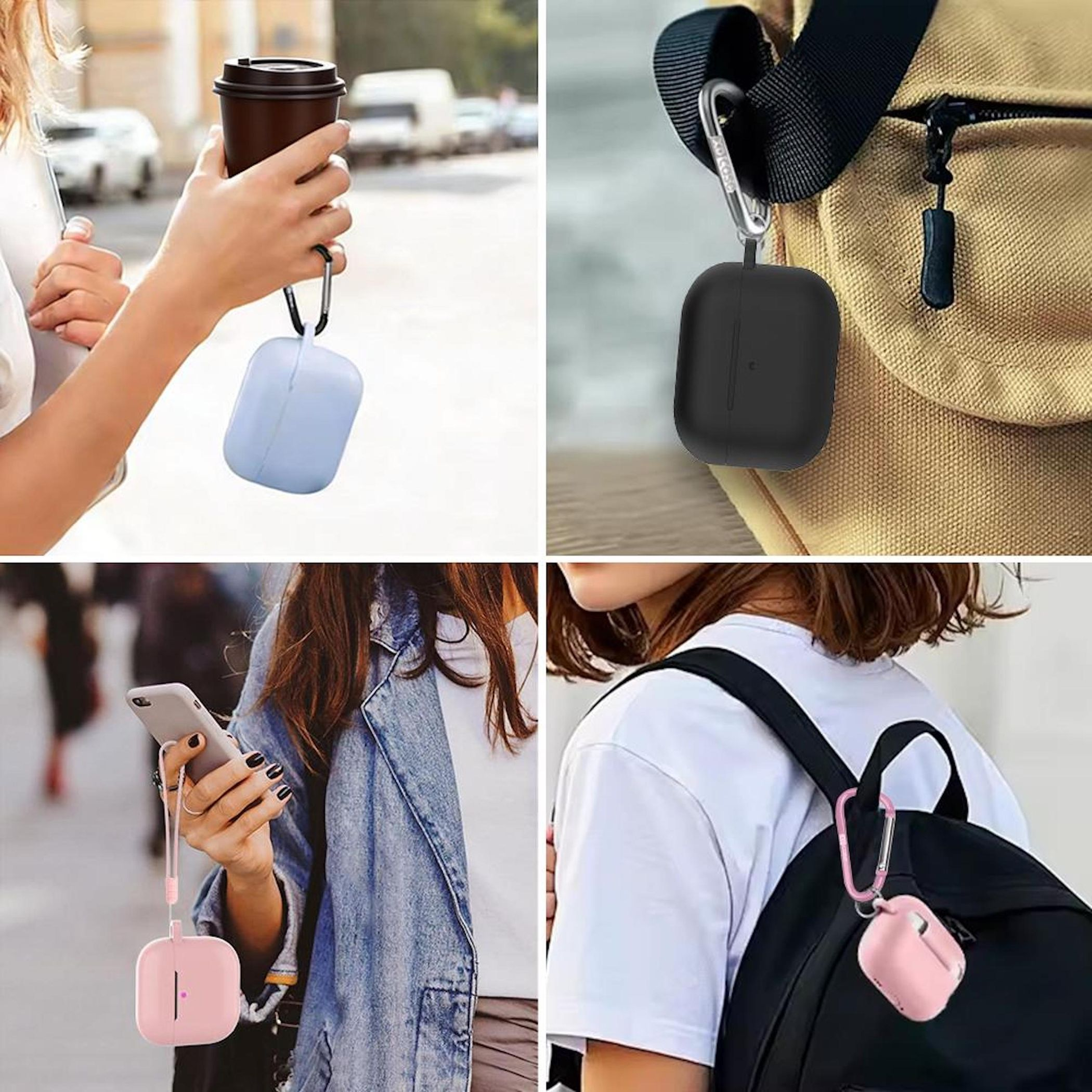 Cuatro manos sujetan o llevan fundas de auriculares con mosquetones unidas a bolsos o tazas.