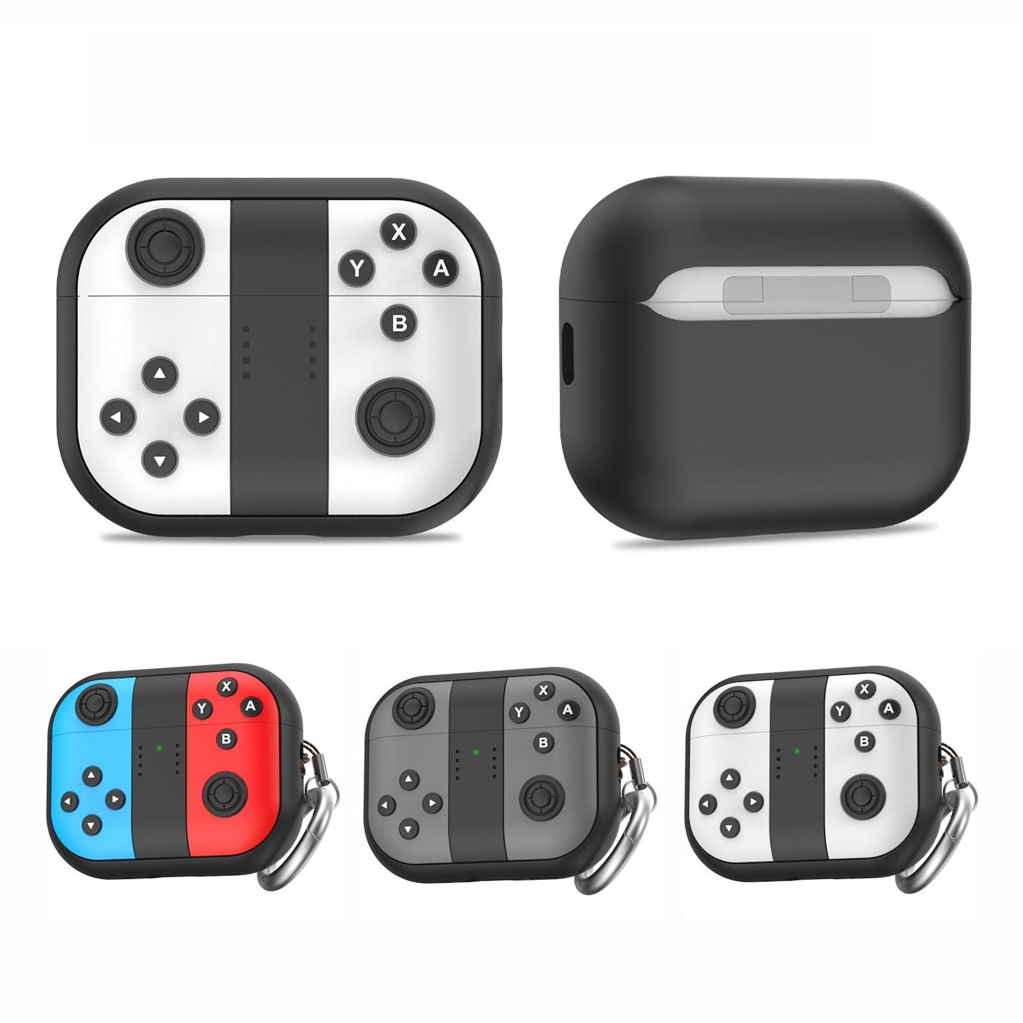 Ein schwarzes Gehäuse mit Spielsteuerungs-Design und vier verschiedene Controller-Designs.