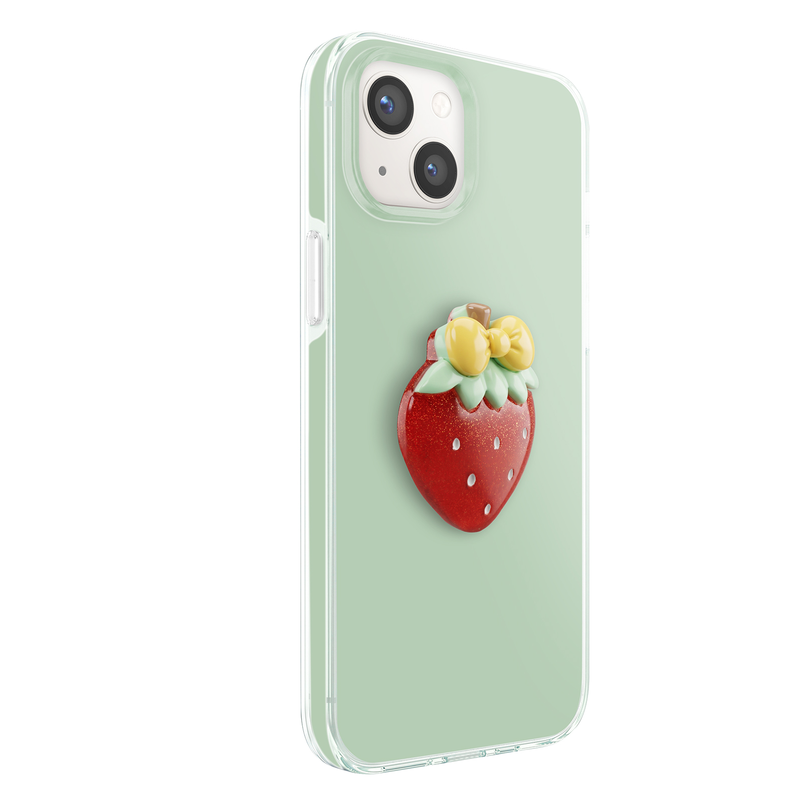 Ein hellgrünes Handy mit einer roten Erdbeerhülle und gelbem Schleifenanhänger.