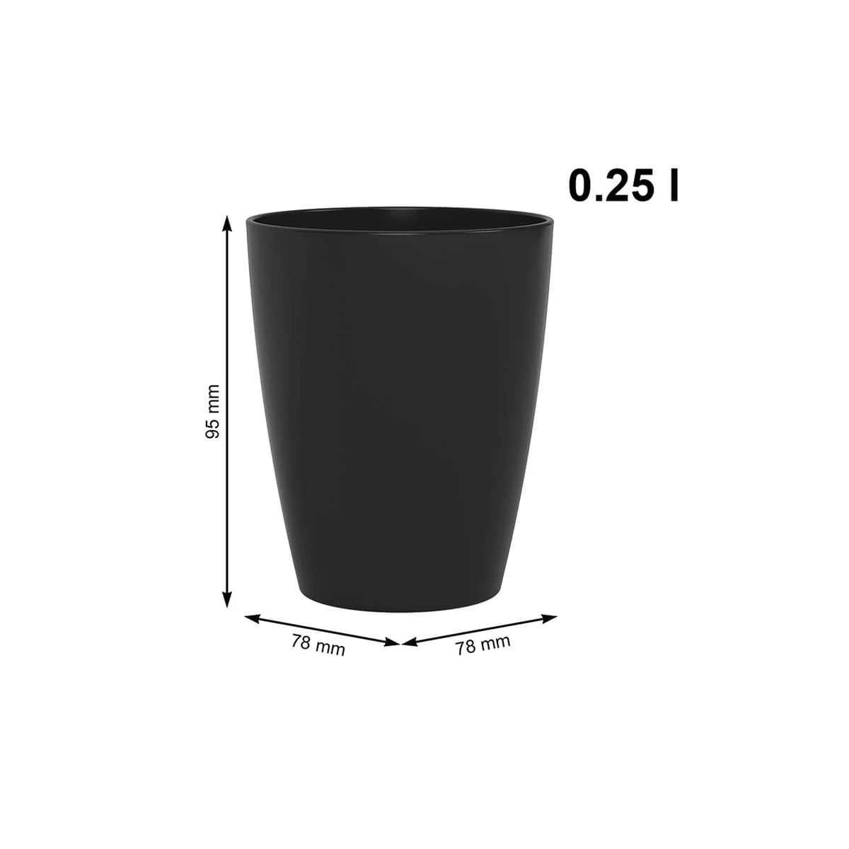 Czarna doniczka, wys. 95 mm, szer. 78 mm, poj. 0,25 l.