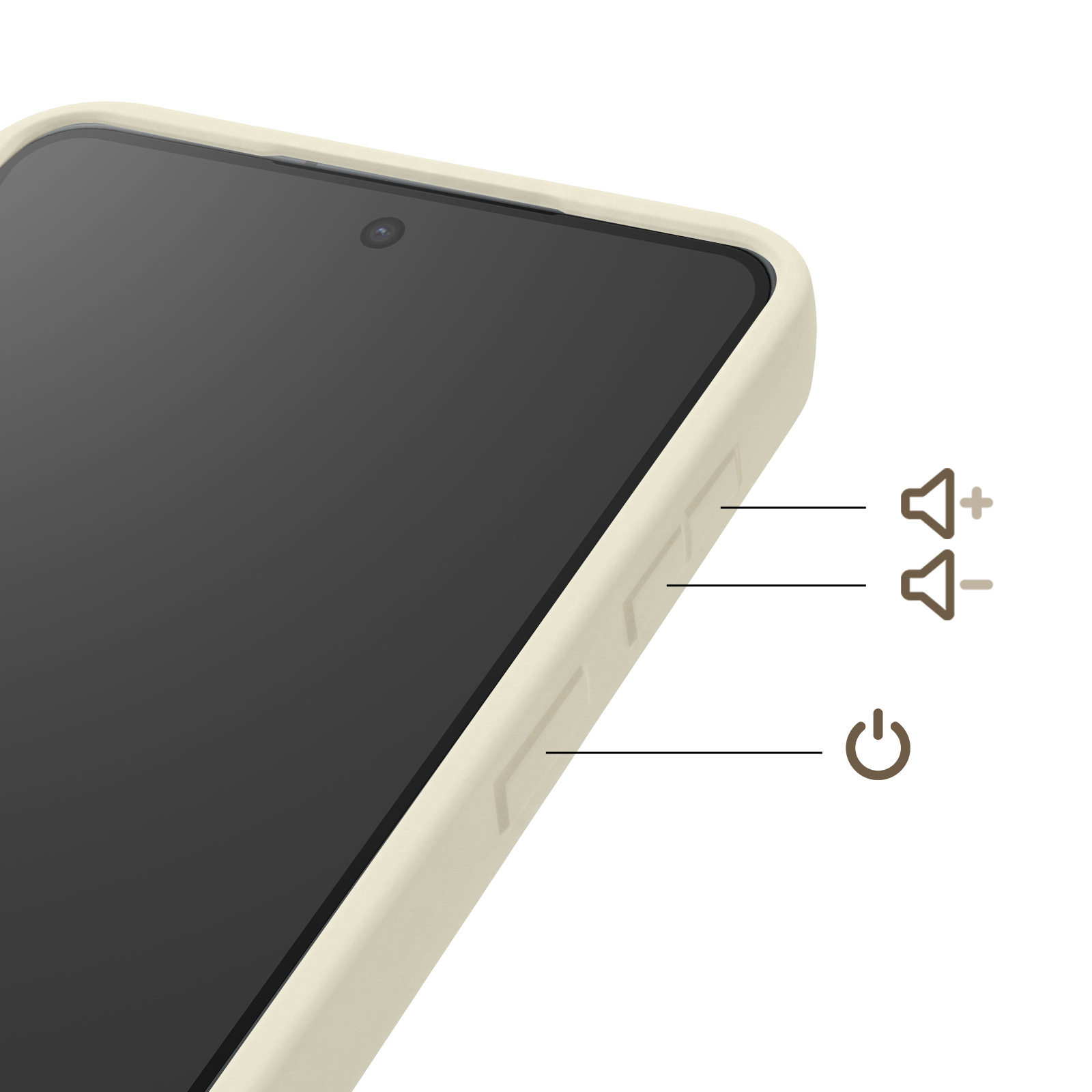 Ein hellbeigefarbenes Handy mit schwarzen Tasten und Symbolen für Lautstärke und Ein/Aus.