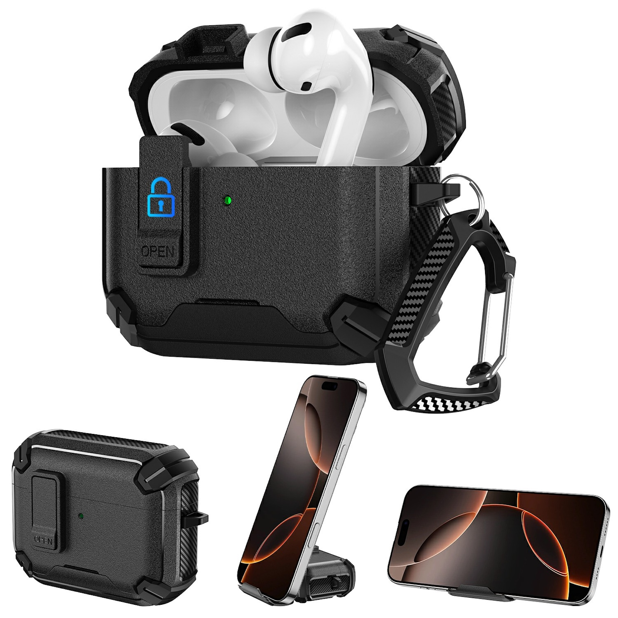 Funda resistente negra para AirPods Pro con teléfono y estuche.