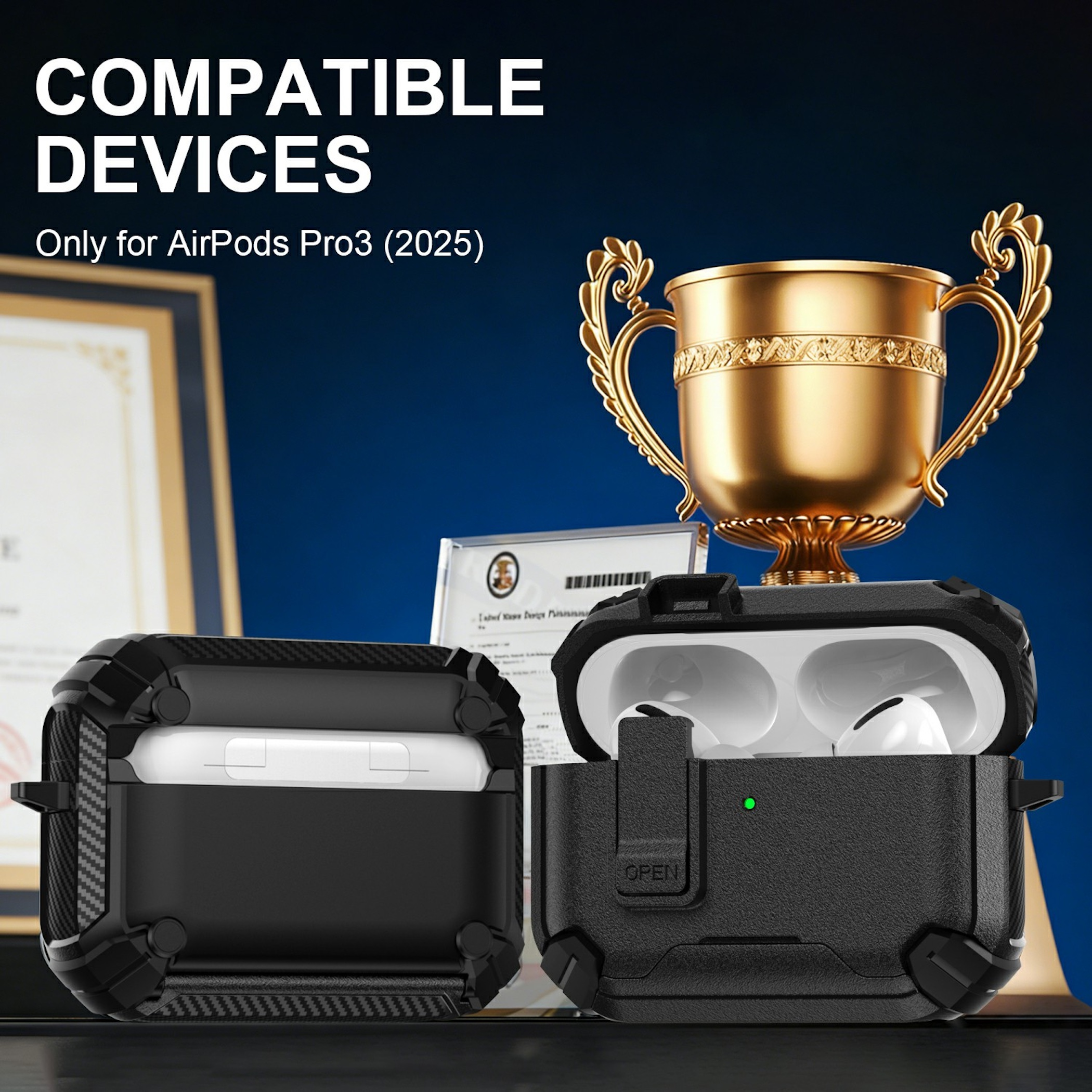 Dos fundas negras para AirPods Pro, una abierta, con trofeo y certificado.